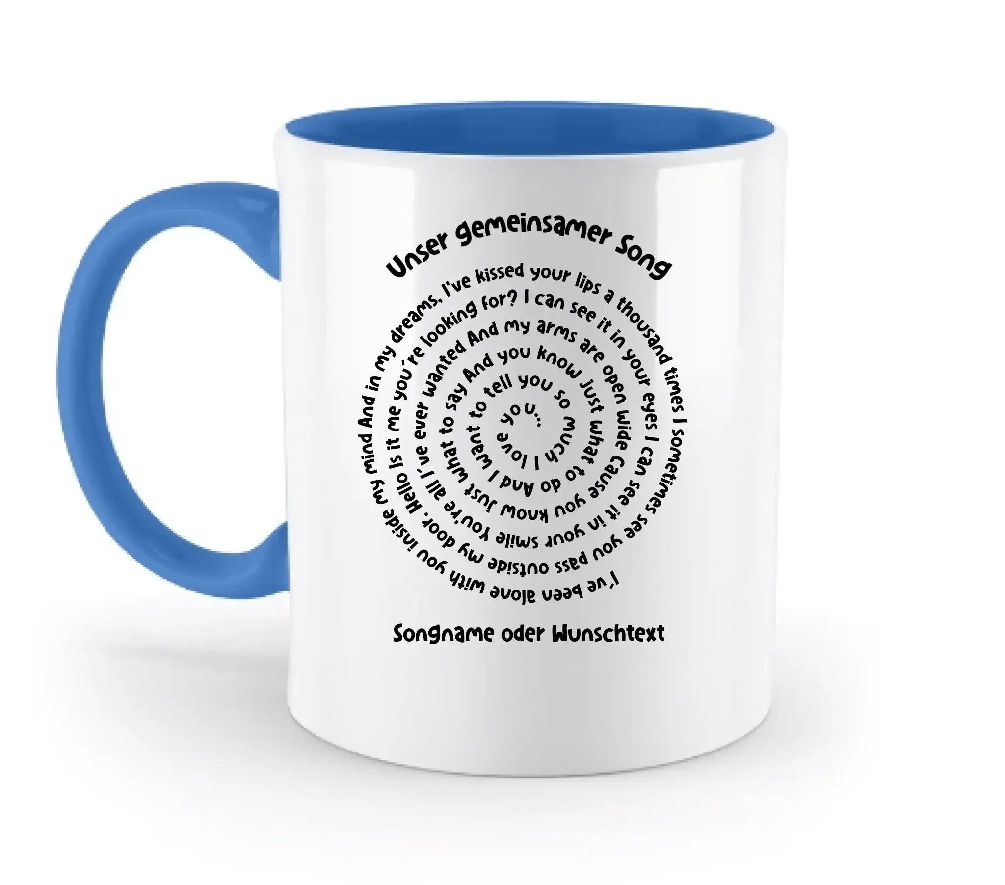 Blaue und weiße keramik tasse mit spiralförmigem spotify-lyrikdesign schwarz text spülmaschinenfest personalisierbar