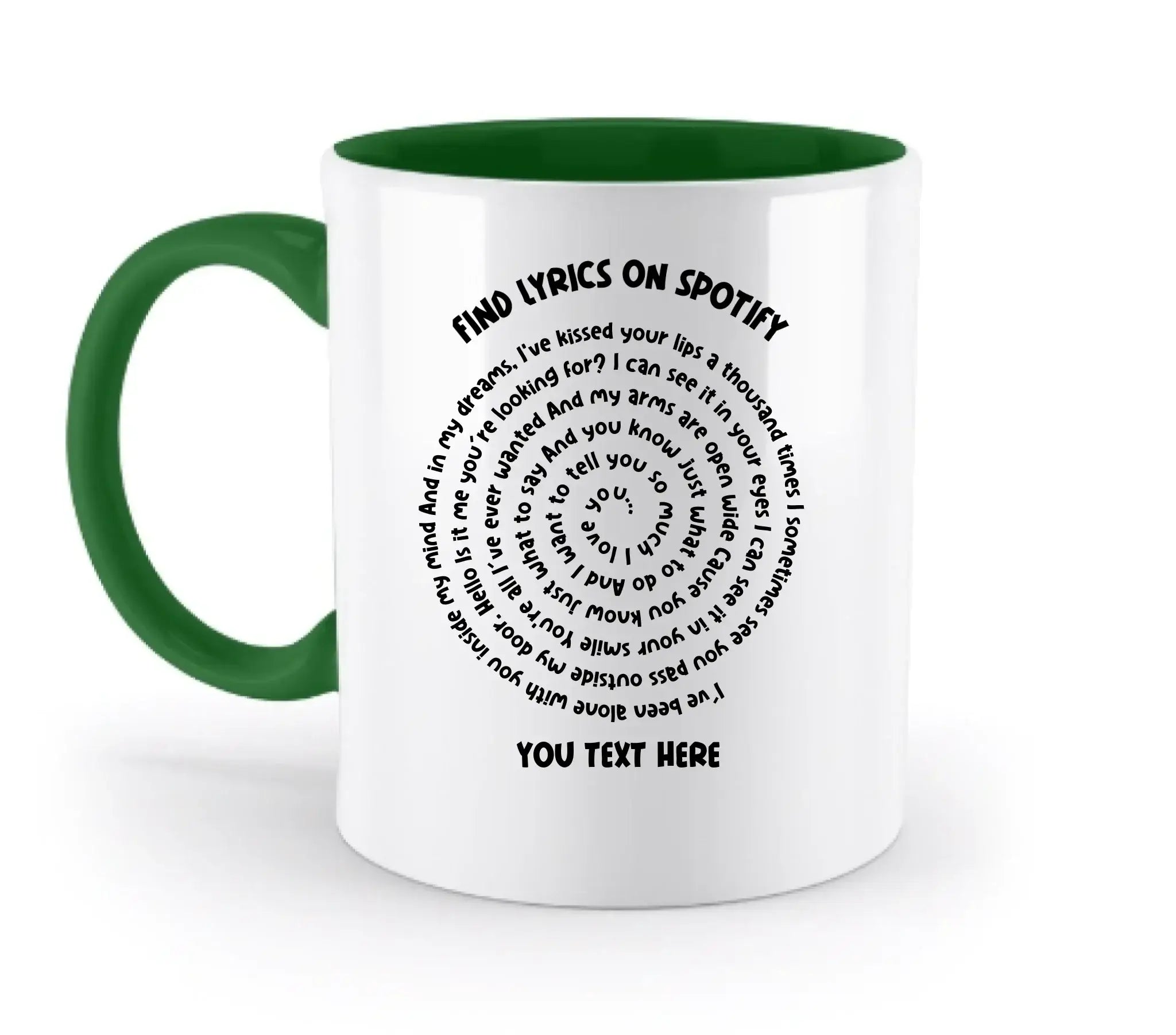 Weiße keramik tasse mit grünem griff und innen, sprühmaschinenfest mit spirale text spotify design