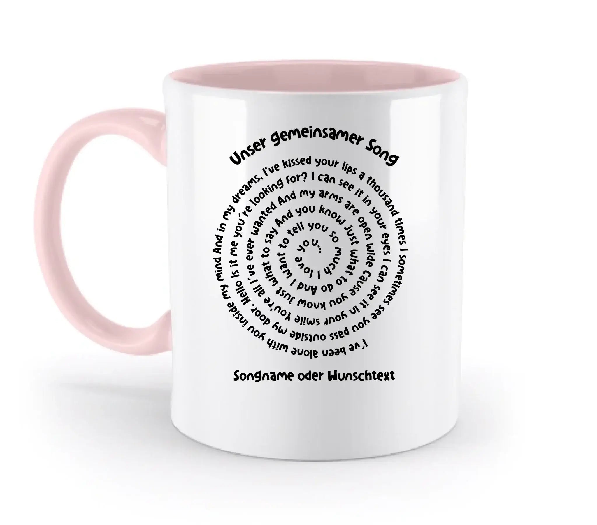 Weiße keramik tasse mit pinkem griff und innenbereich, schwarzer text kreisförmig um unseren gemeinsamen song, spülmaschinenfest