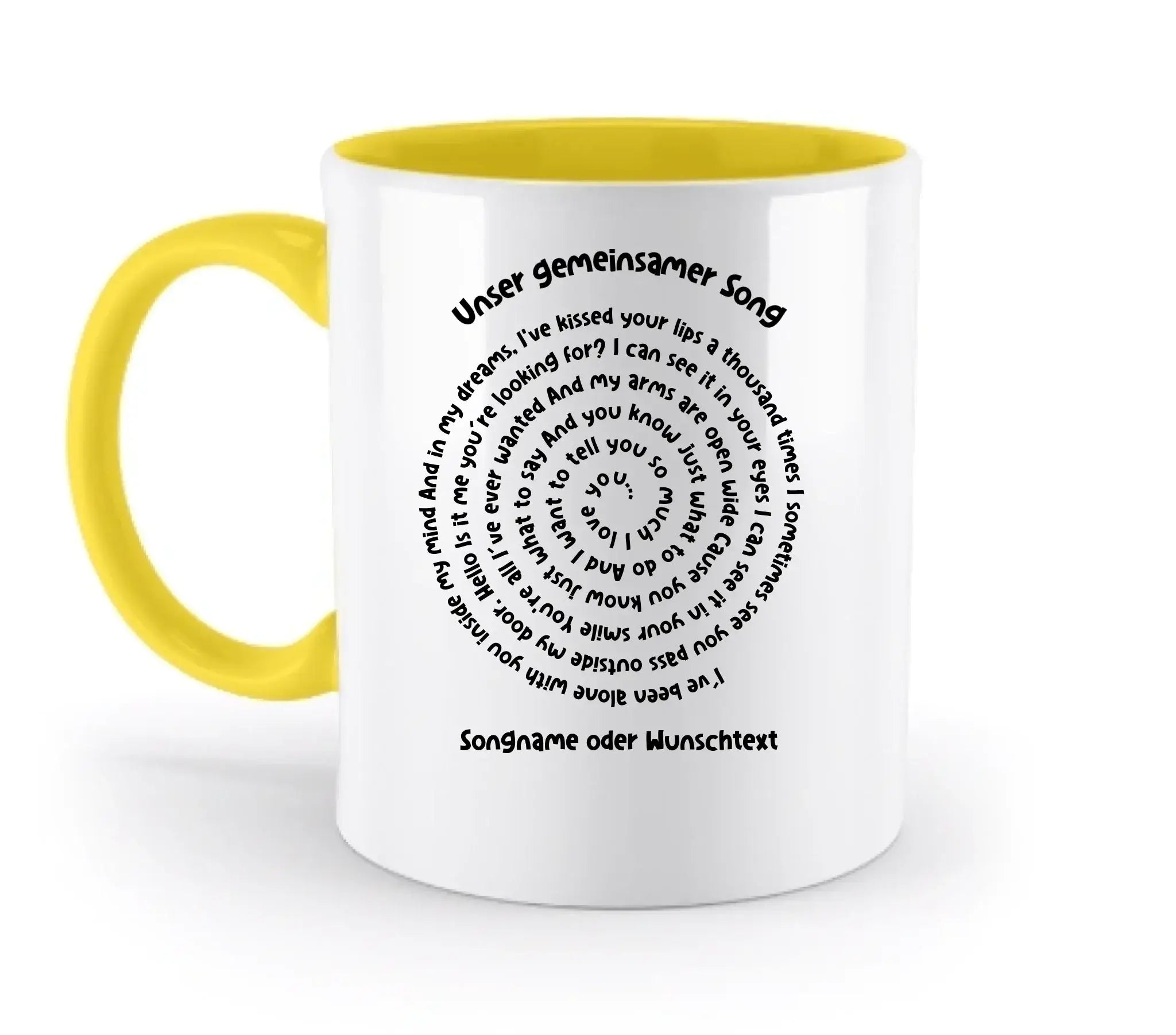 White ceramic mug with vibrant yellow handle and interior featuring black circular text unser gemeinsamer song dishwasher safe and customizable