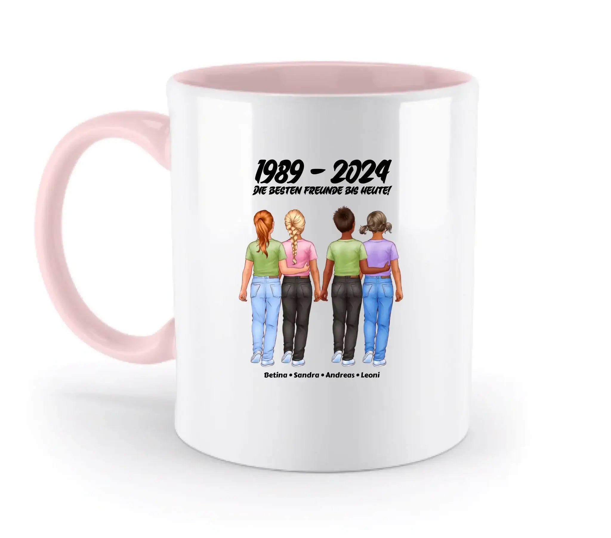 Weiße keramiktasse mit pinkem griff und innenbereich mit freundschaftsillustration spülmaschinenfest und personalisierbar