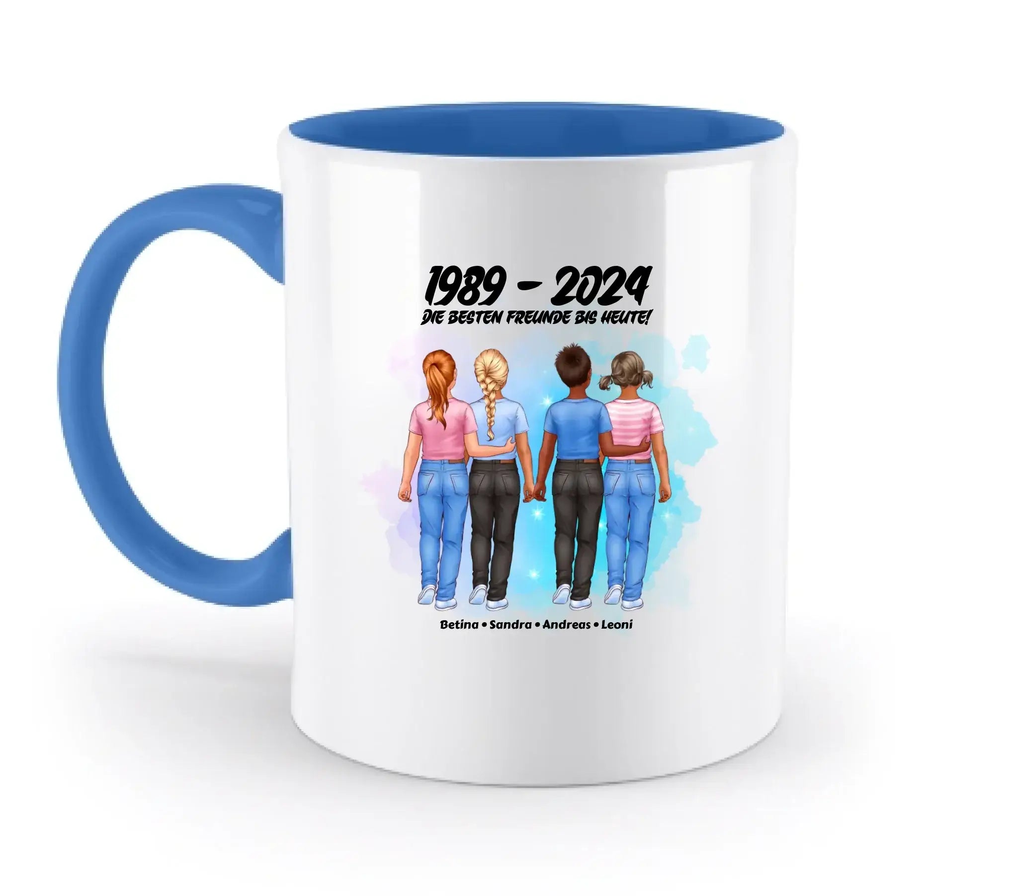 Weiße keramikmug mit blauem inneren und griff, zeigt bunte illustration von vier freunden beim händchenhalten, spülmaschinenfest