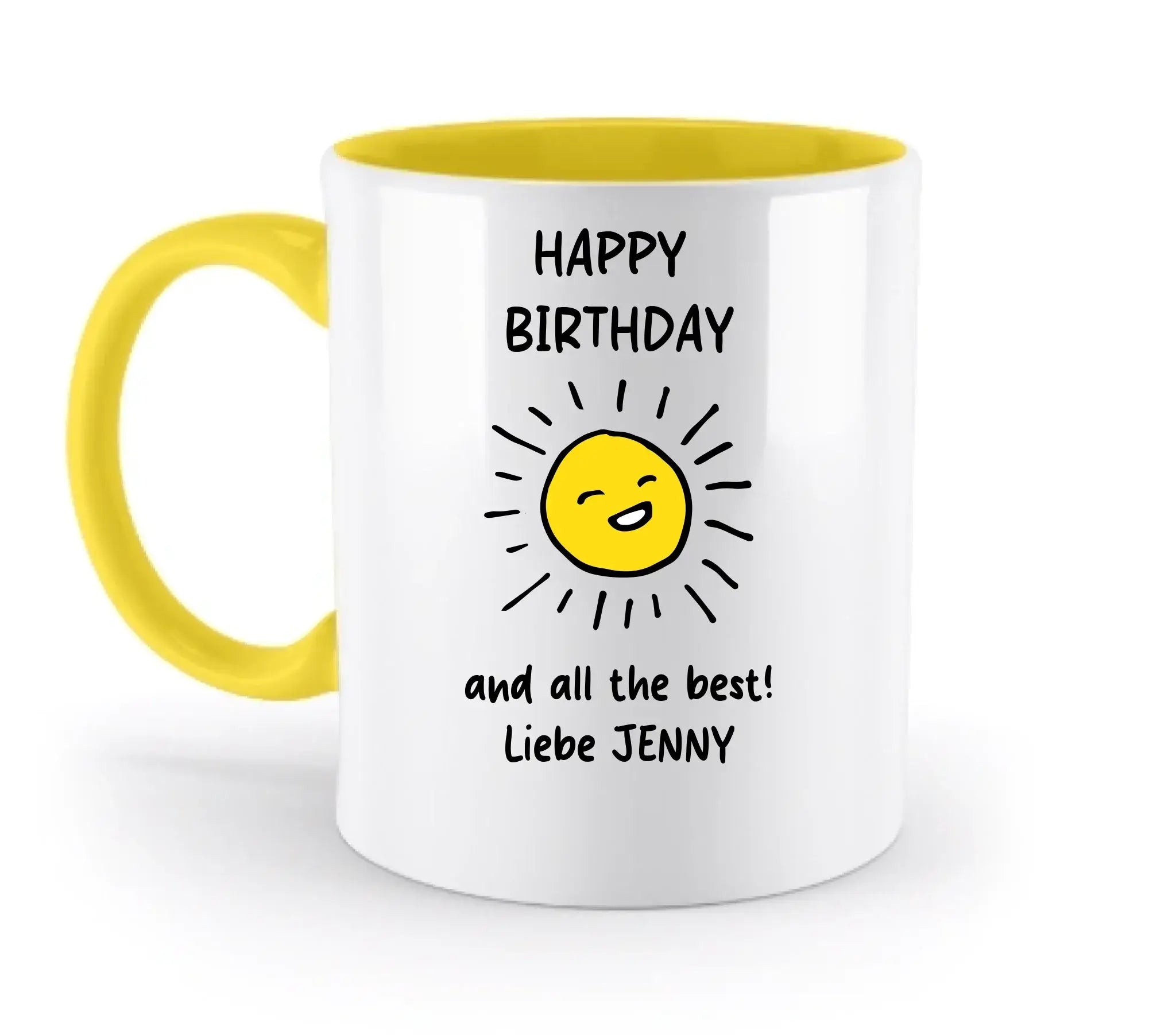 Weiße keramiktasse mit gelbem griff und innenfläche, fröhliche sonne und happy birthday, spülmaschinenfest und personalisierbar
