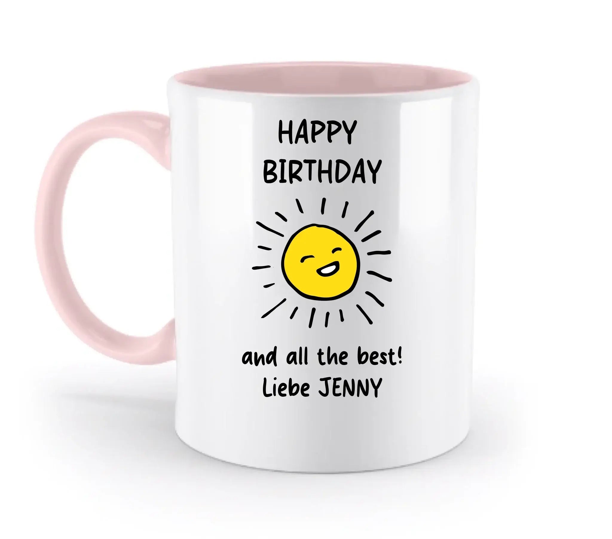 Weiße keramiktasse mit pinkem griff und innen happy birthday text und lächelnder gelber sonne, spülmaschinenfest