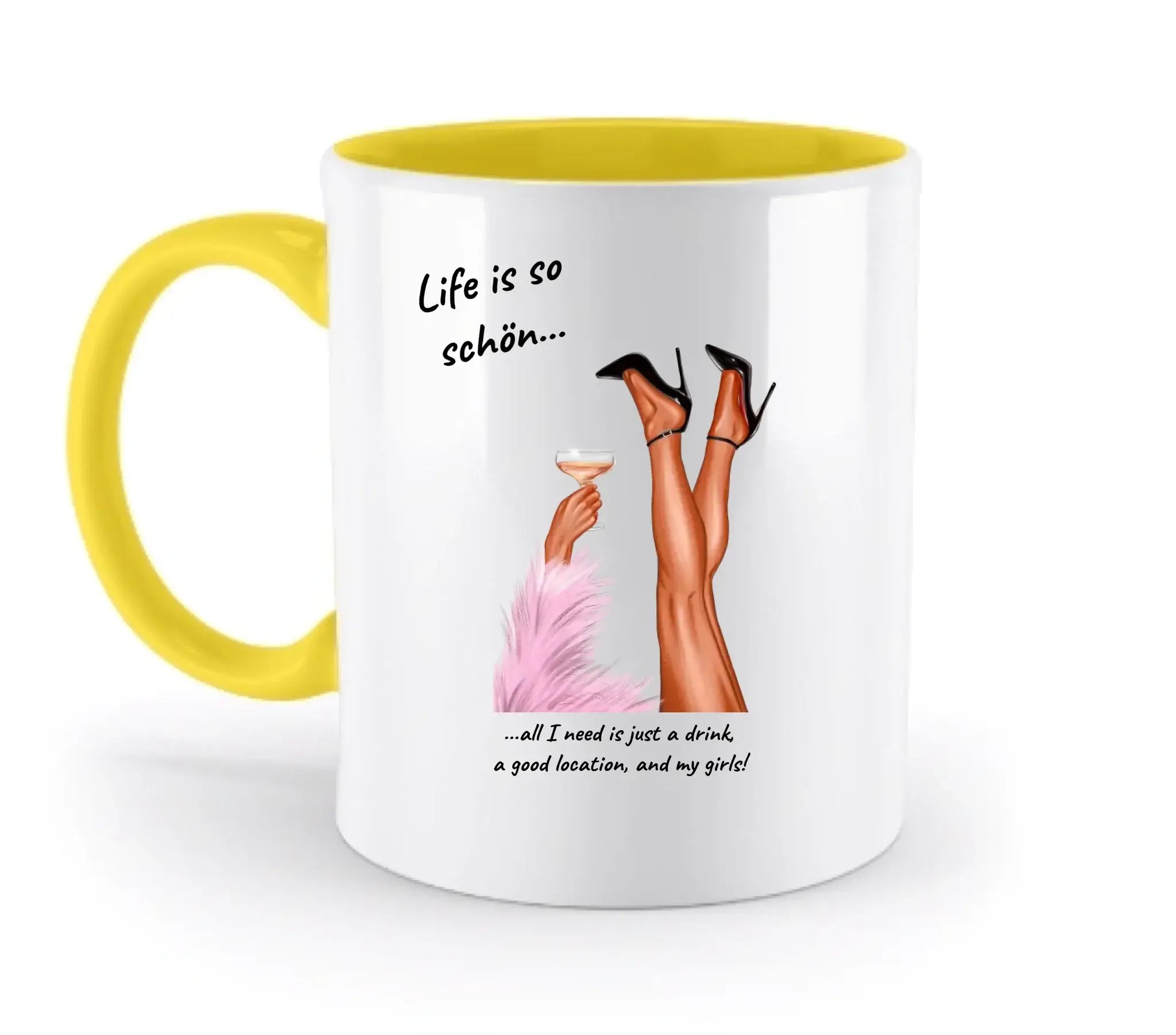 Weiße keramik tasse mit gelbem griff und innenfarbe, illustration von beinen in schwarzen high heels, spülmaschinenfest und personalisierbar