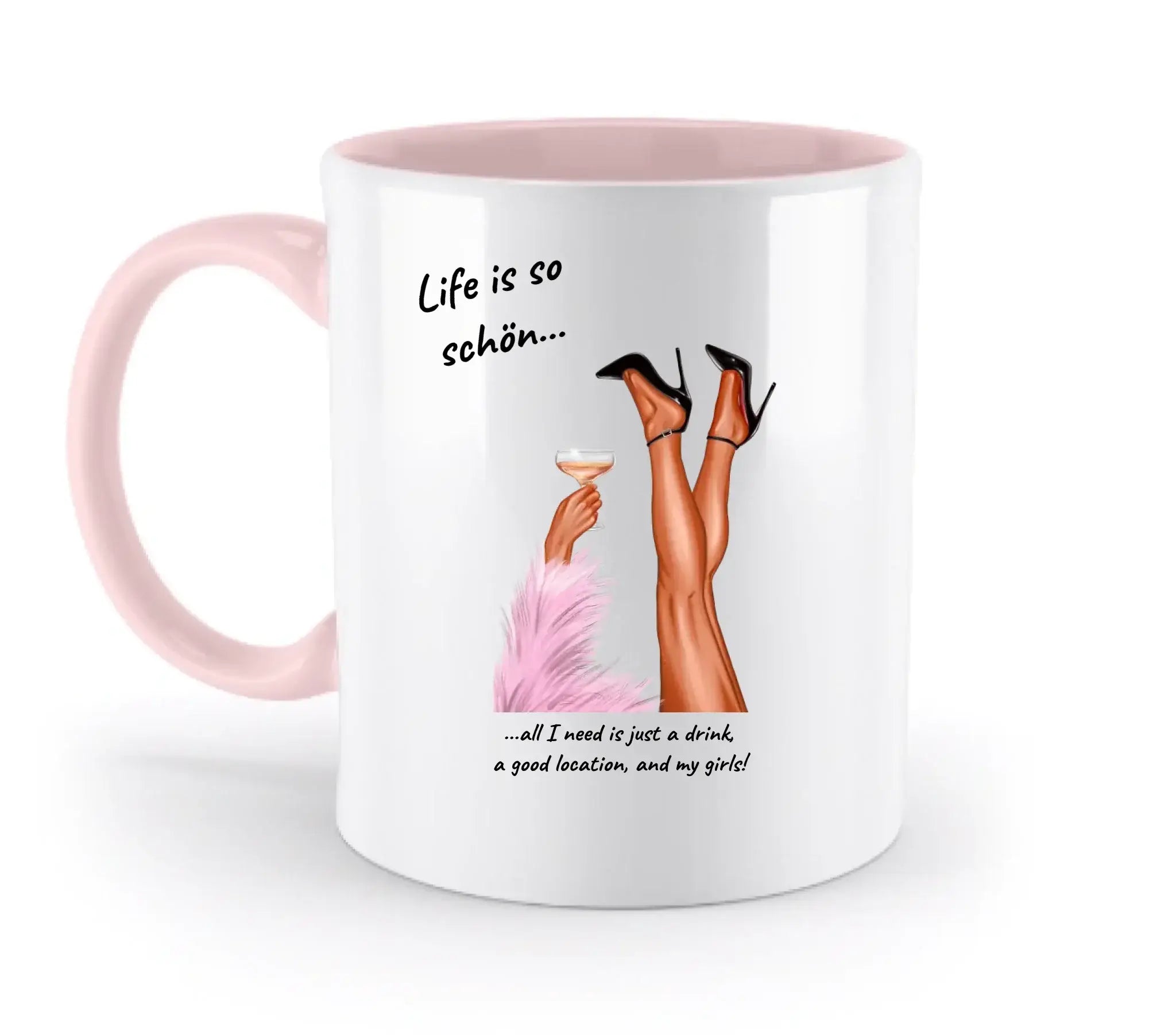 Weiße keramiktasse mit pinkem griff und innen, mit illustration von beinen in schwarzen high heels und cocktailglas, spülmaschinenfest und personalisierbar