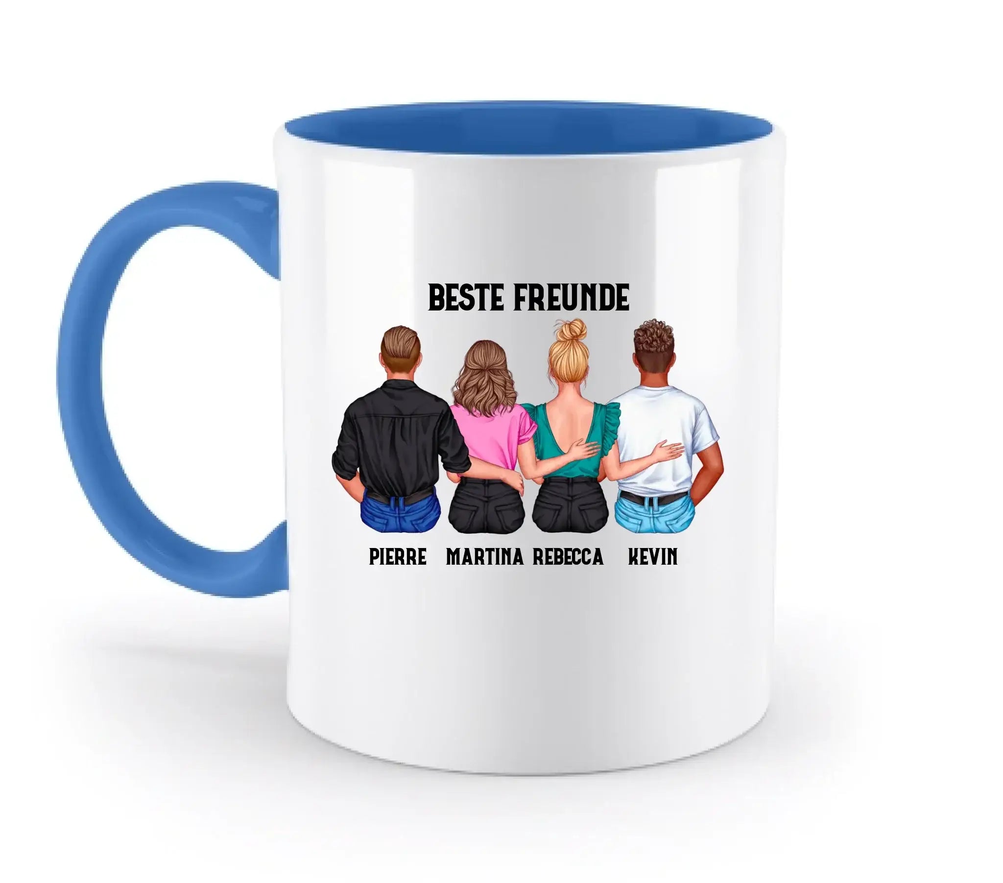 Weiße keramik tasse mit blauem griff und innenfläche, personalisierte rückansicht von vier freunden, spülmaschinenfest