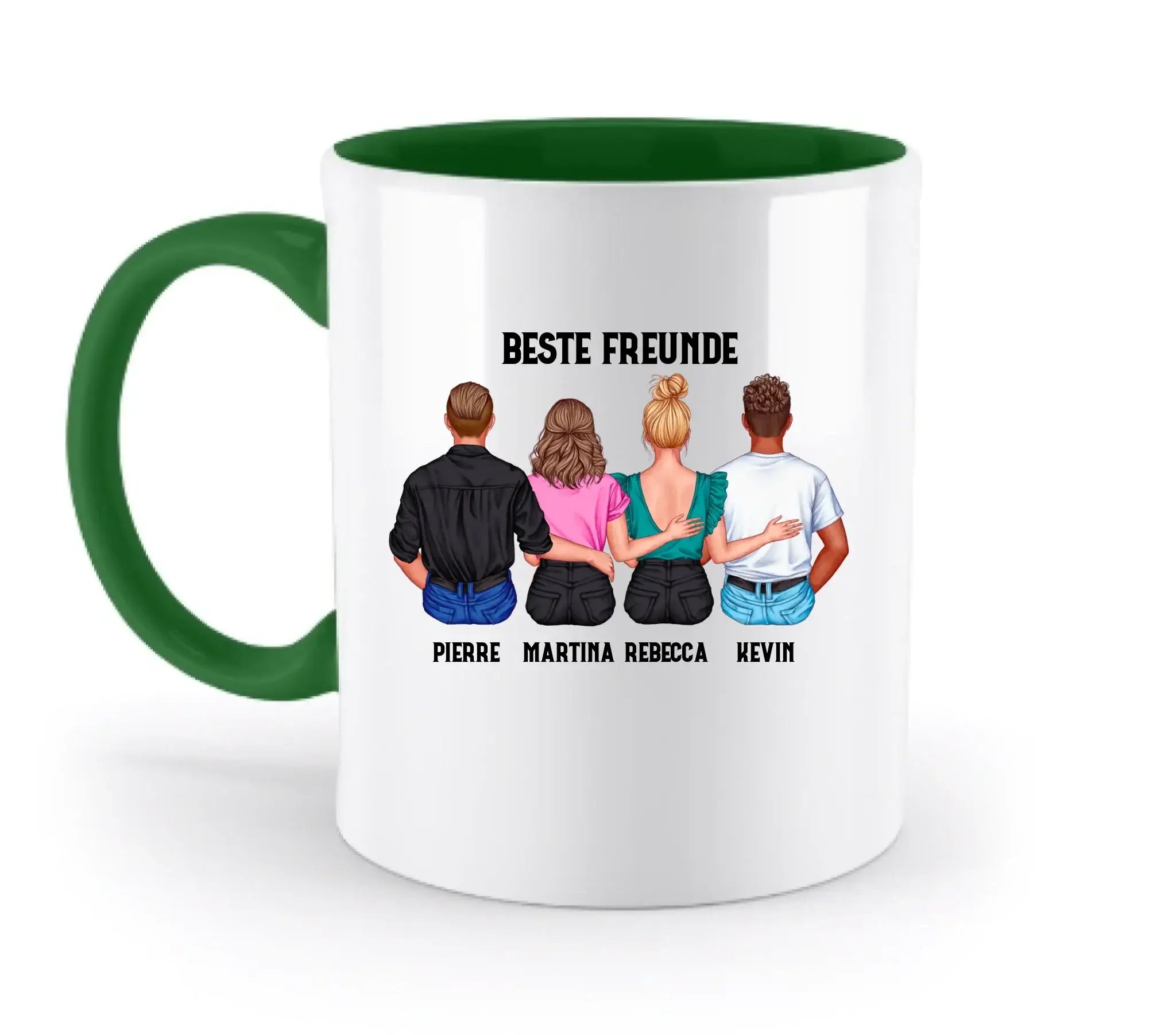 Weiße keramiktasse mit grünem griff und innen, personalisiert mit illustration von vier freunden und texte beste freunde