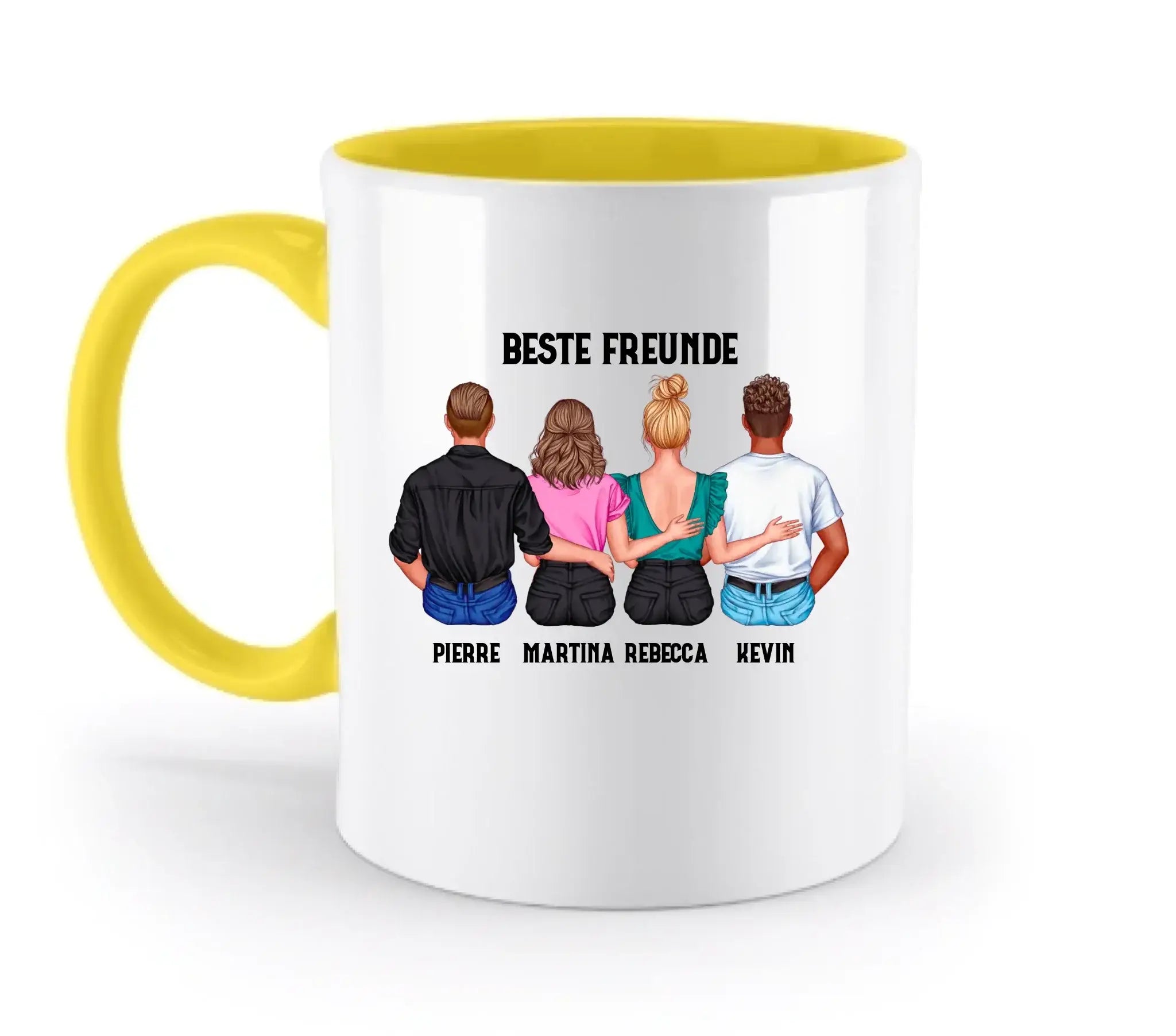 Weiße keramiktasse mit gelbem griff und innenseite, individuelle illustration von vier besten freunden von hinten