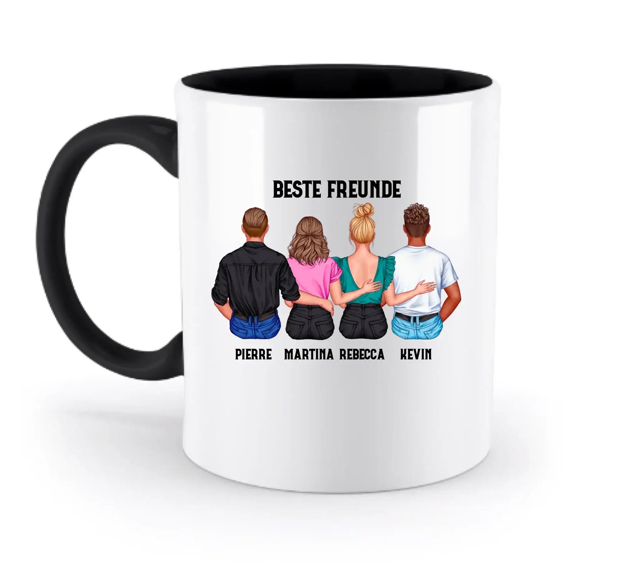 Weiße keramik tasse mit schwarzem griff und innen, personalisierte illustration von 4 freunden mit beste freunde schriftzug