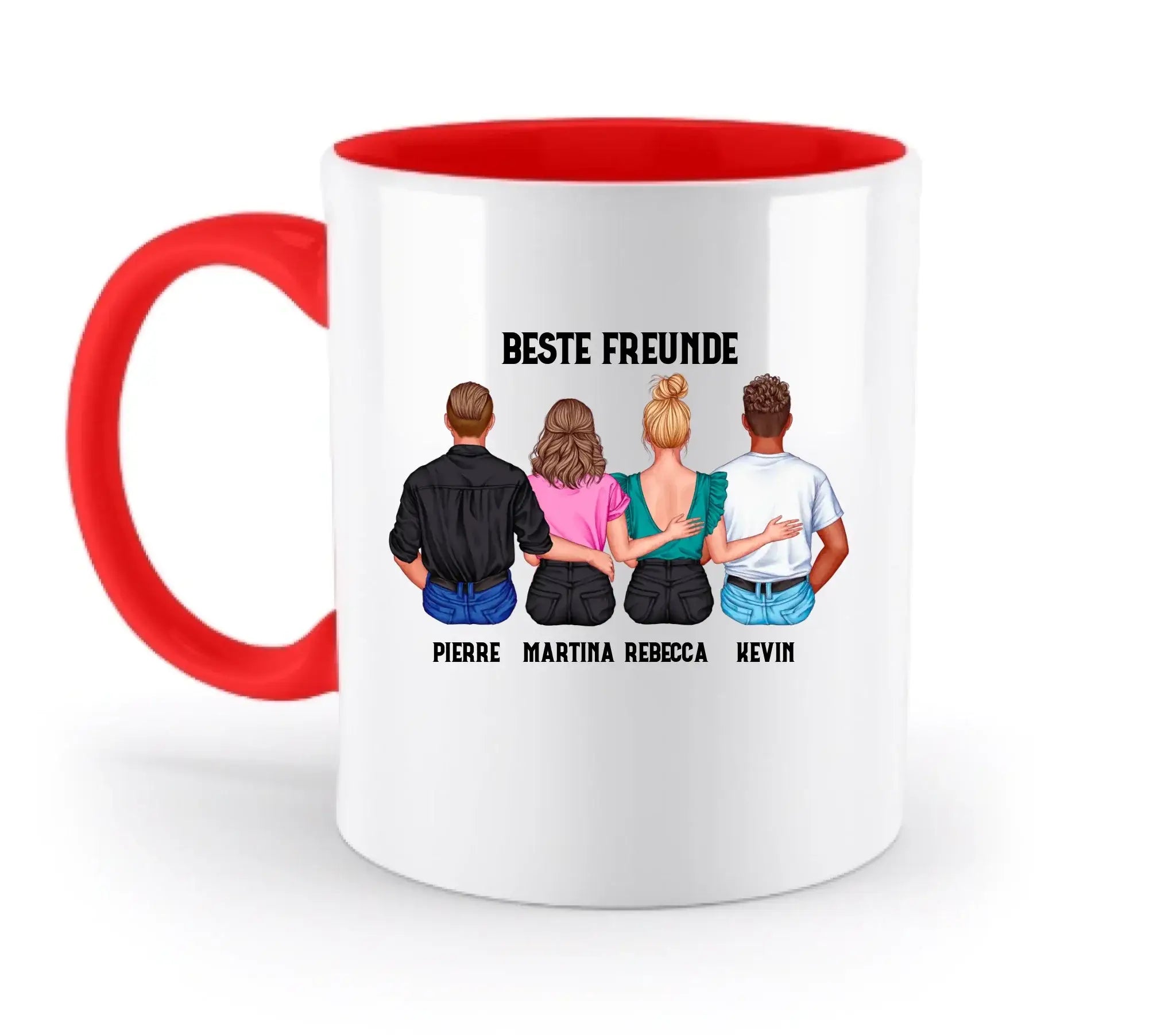 Weiße keramikmug mit rotem griff und innenbereich, personalisierte illustration beste freunde auf rückseite, spülmaschinenfest