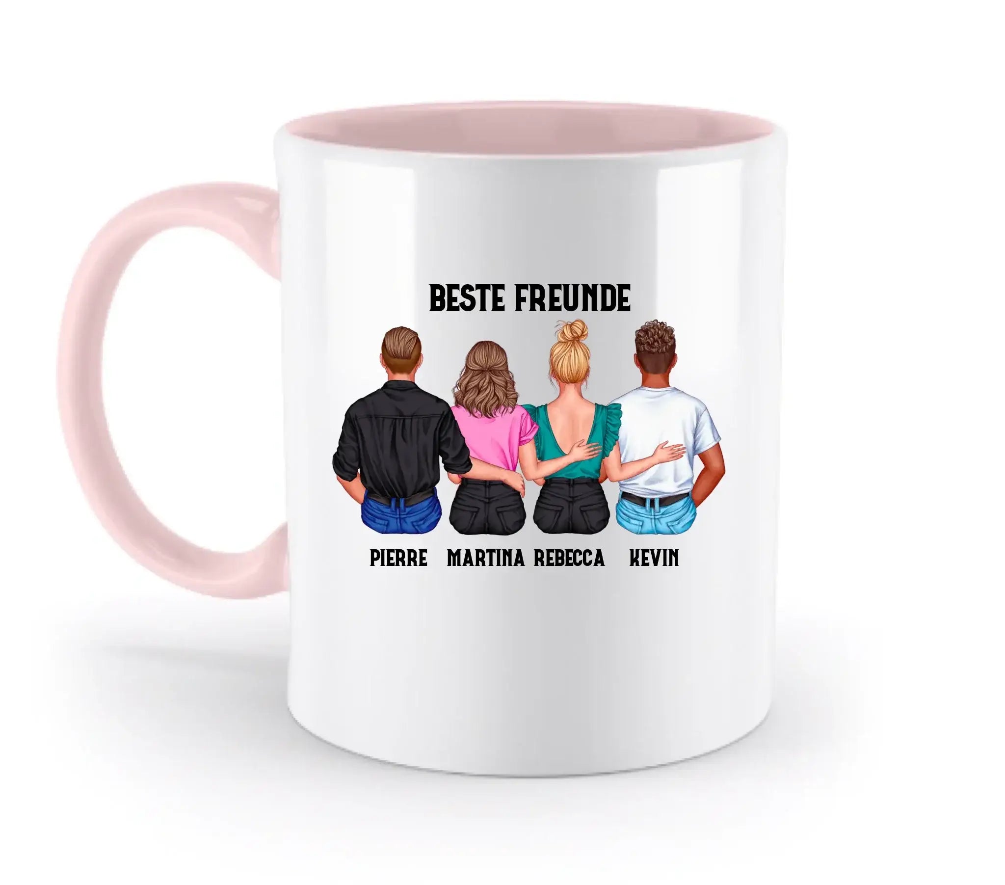 Weiße keramiktasse mit pinkem griff und innenraum mit personalisierbarer illustration von vier freunden und text beste freunde