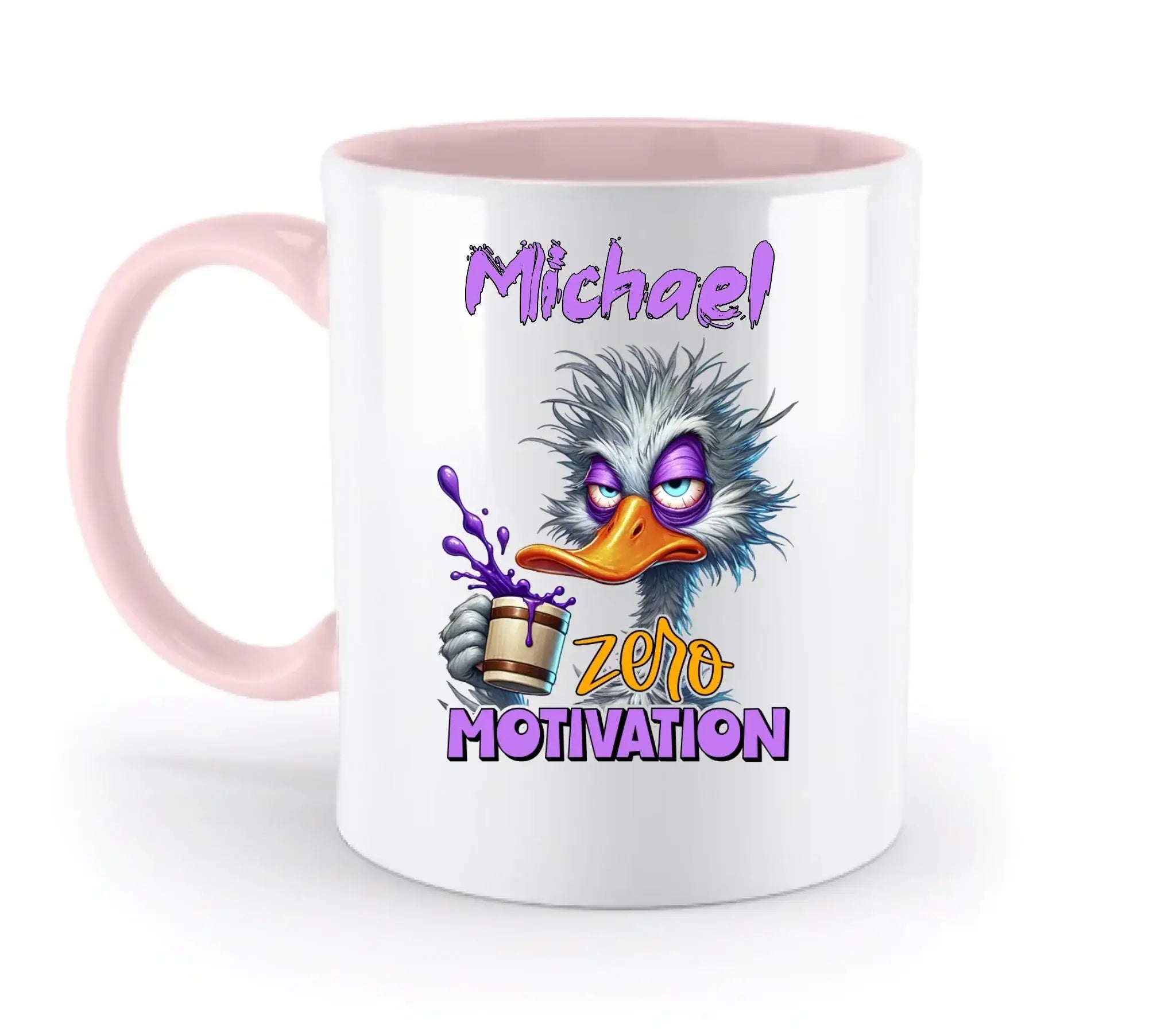 Weiße keramik tasse mit pinkem griff und innenseite, cartoon nandu mit kaffee und text michael zero motivation