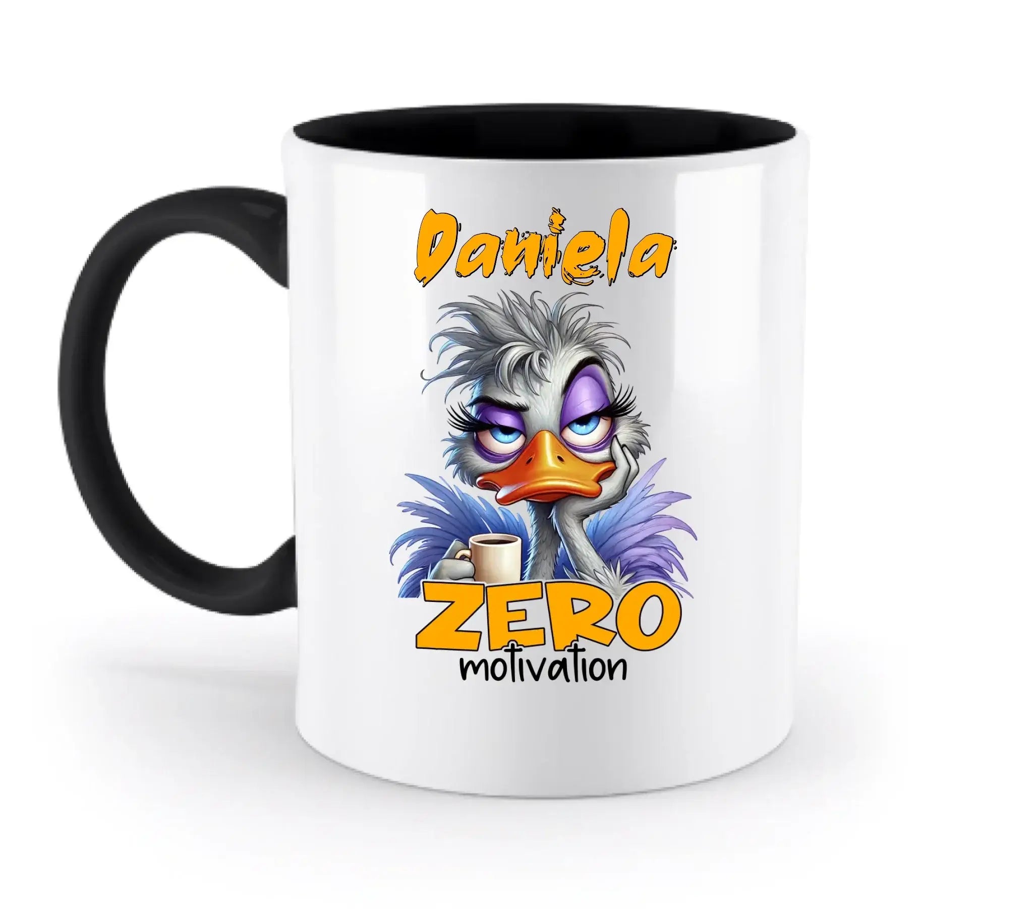 Weiße keramik Tasse mit schwarzem griff und innen, cartoon-ostrich mit lila augen und text daniela zero motivation