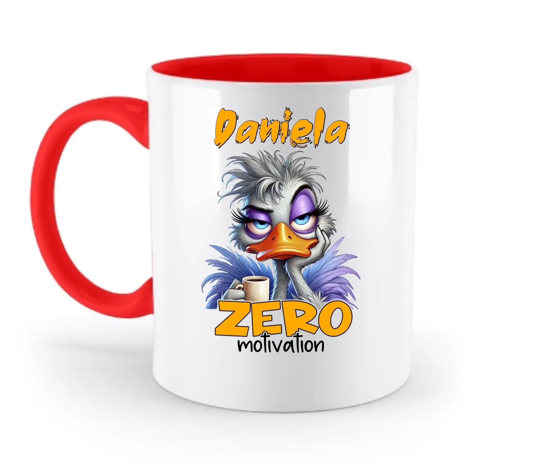 Weiße keramiktasse mit rotem griff und innenfläche, motiv ostrich vogel mit kaffeetasse, personalisierbar und spülmaschinenfest