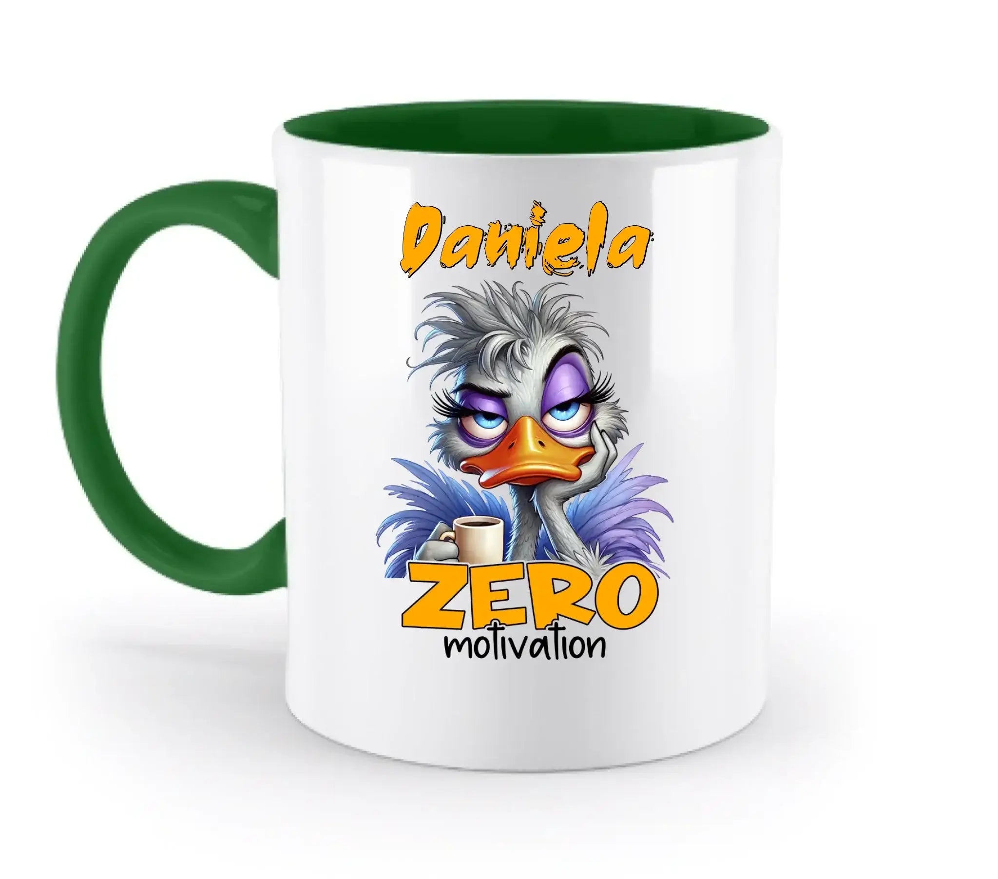 Weiße keramiktasse mit grünem griff und innen, cartoon-ostrich und personalisierbarer name, spülmaschinenfest