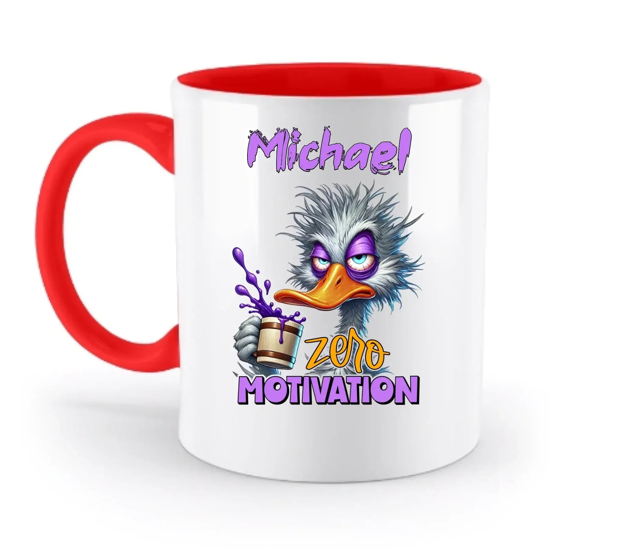 Weiße keramik tasse mit rotem innenraum und griff, cartoon strauß mit lila eimer und text michael zero motivation