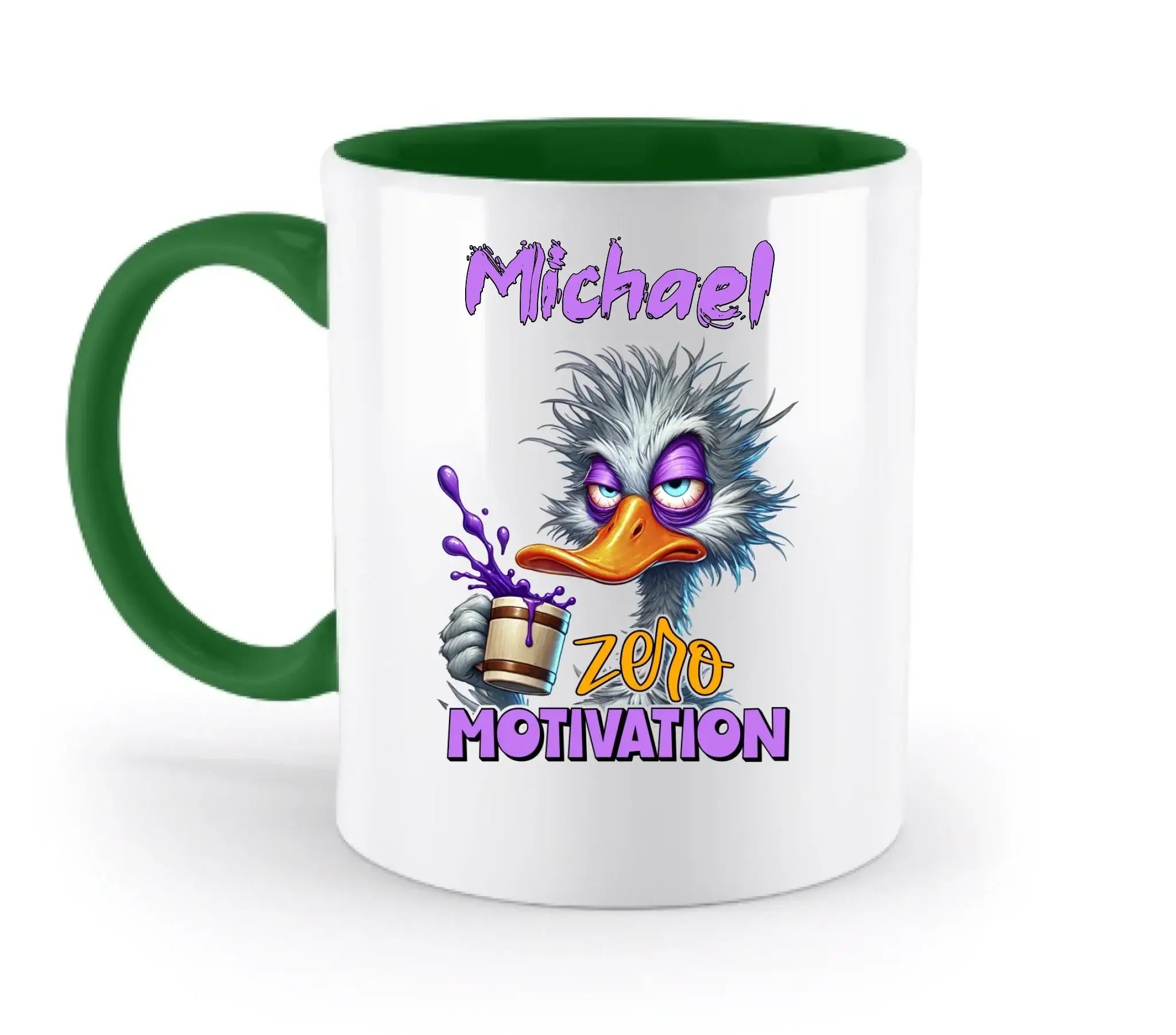 Weiße keramiktasse mit grünem griff und innenraum, cartoon nandu mit kaffee und motivation zero text, spülmaschinenfest und personalisierbar