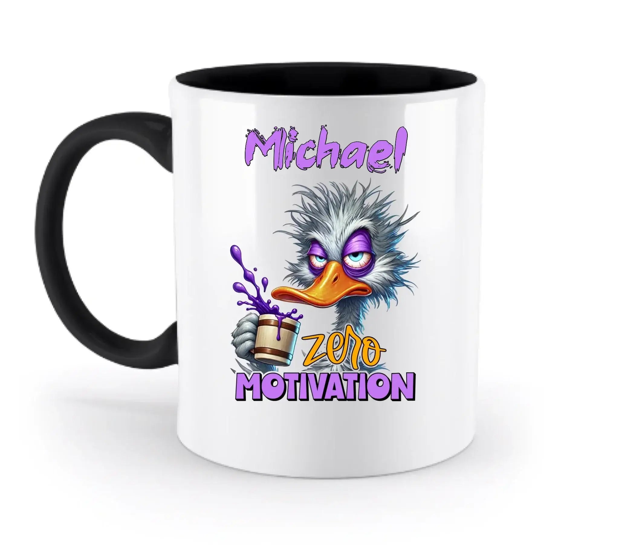 Weiße keramiktasse mit schwarzem griff und innenfarbe, cartoon strauß mit tasse motivation zero, personalisierbar und spülmaschinenfest