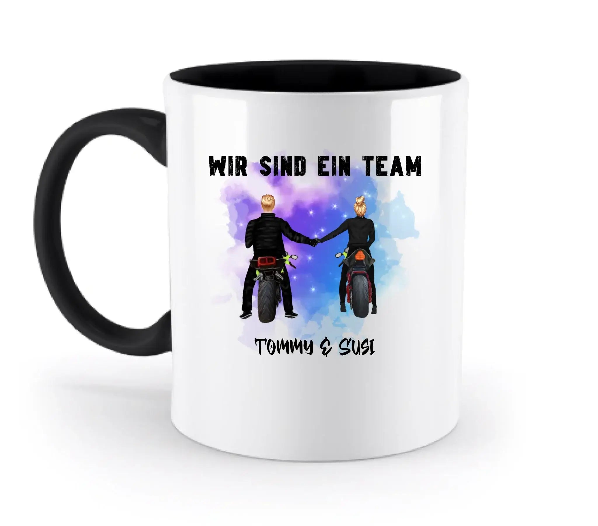 Weiße keramik Tasse mit schwarzem griff und innenbereich, motorrad couple design und personalisierbare names