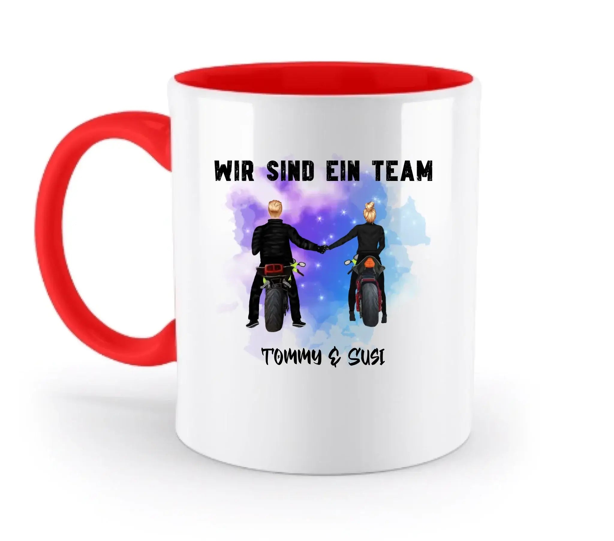 Weiße keramiktasse mit rotem griff und innerem mit personalisierbarer motorrad couple illustration, spülmaschinenfest