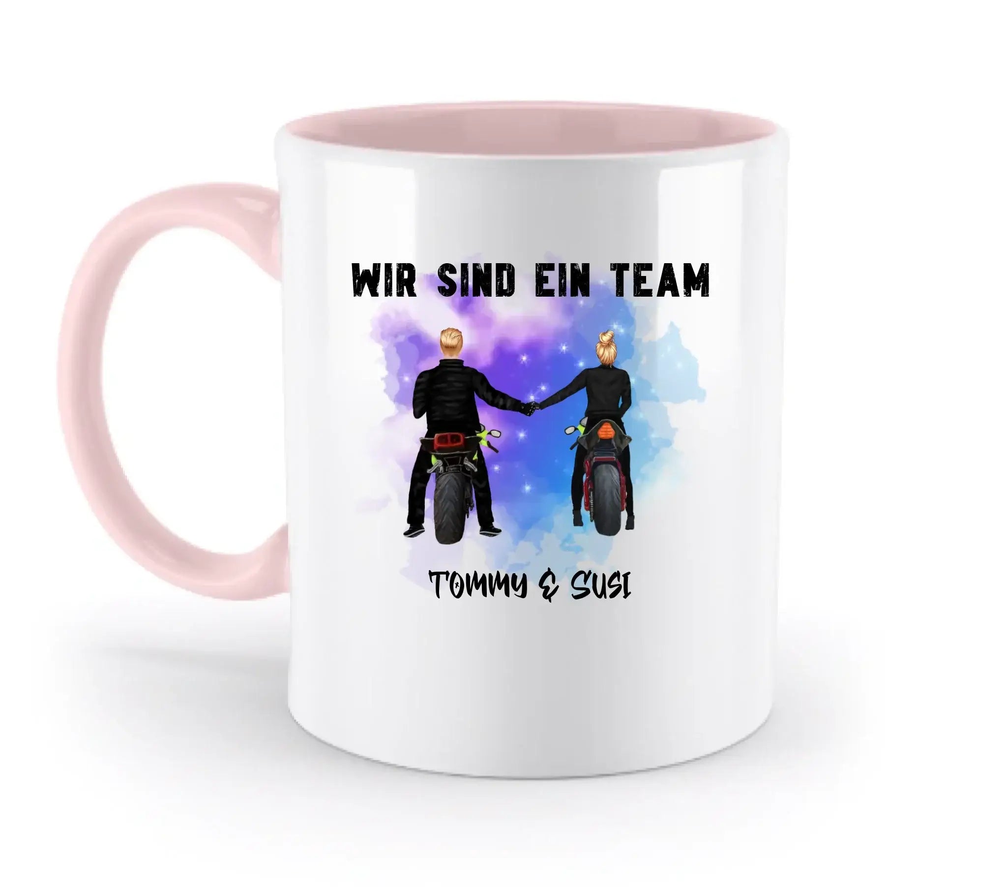 Weiße keramik tasse mit pinkem griff und innenfarbe mit motorrad couple design und spülmaschinenfestigkeit