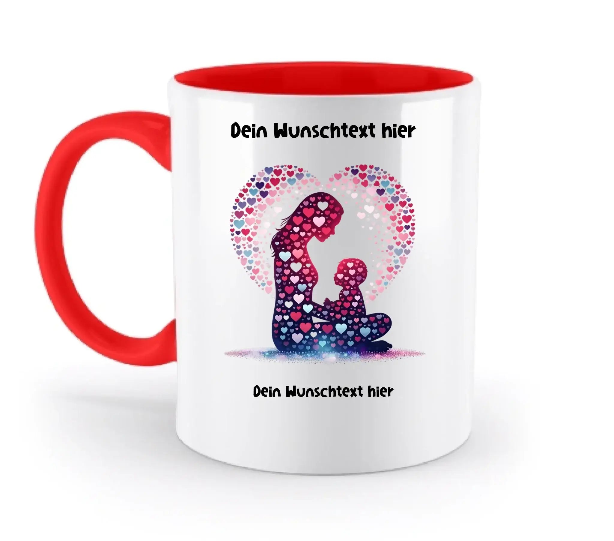 Weiße keramiktasse mit rotem griff und innenfarbe, motiv mutter und kind aus bunten herzen, spülmaschinenfest und personalisierbar