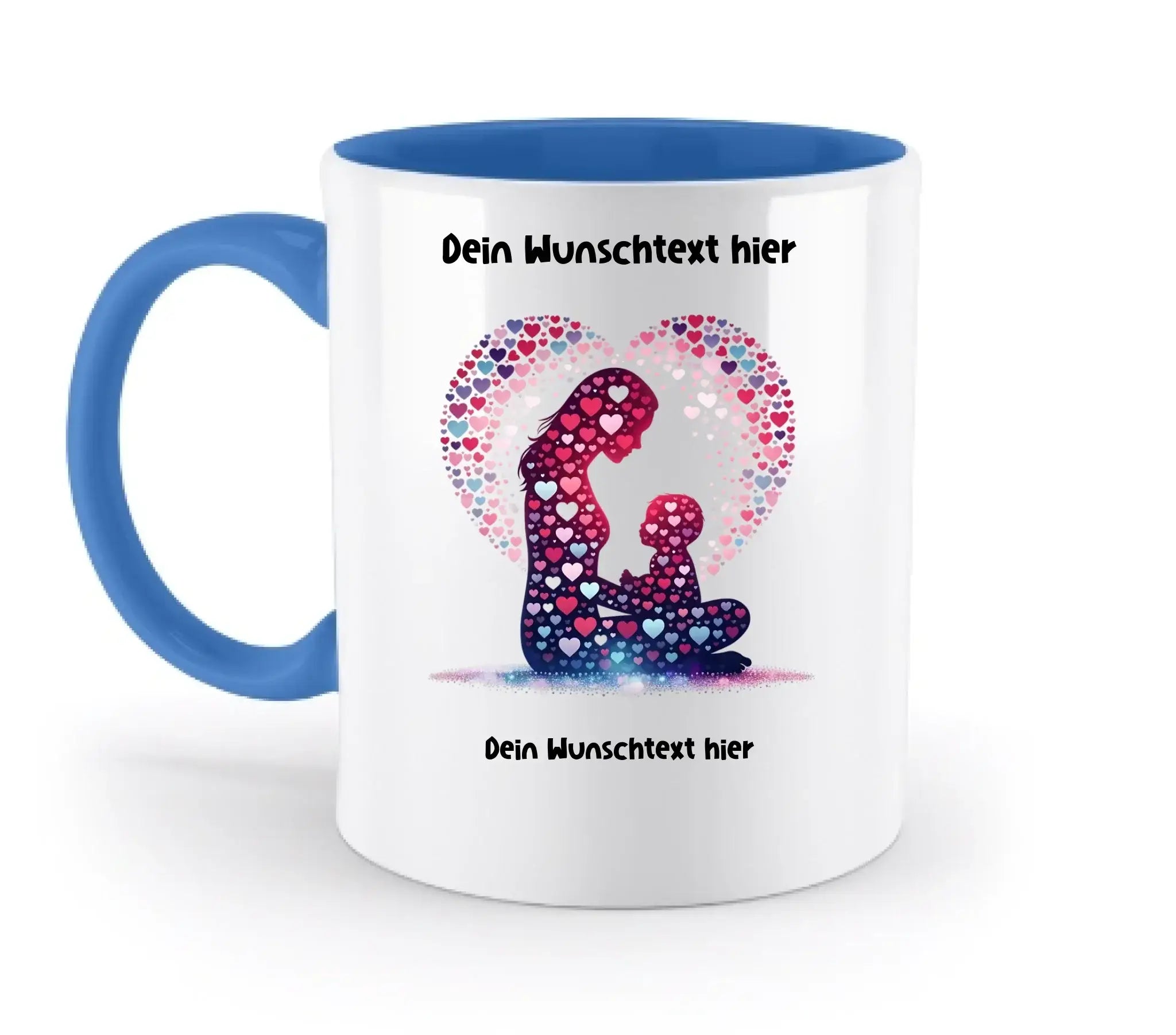 Weiße keramiktasse mit blauem innenraum und griff mit herzdesign aus bunten herzen und mutter-kind silhouetten