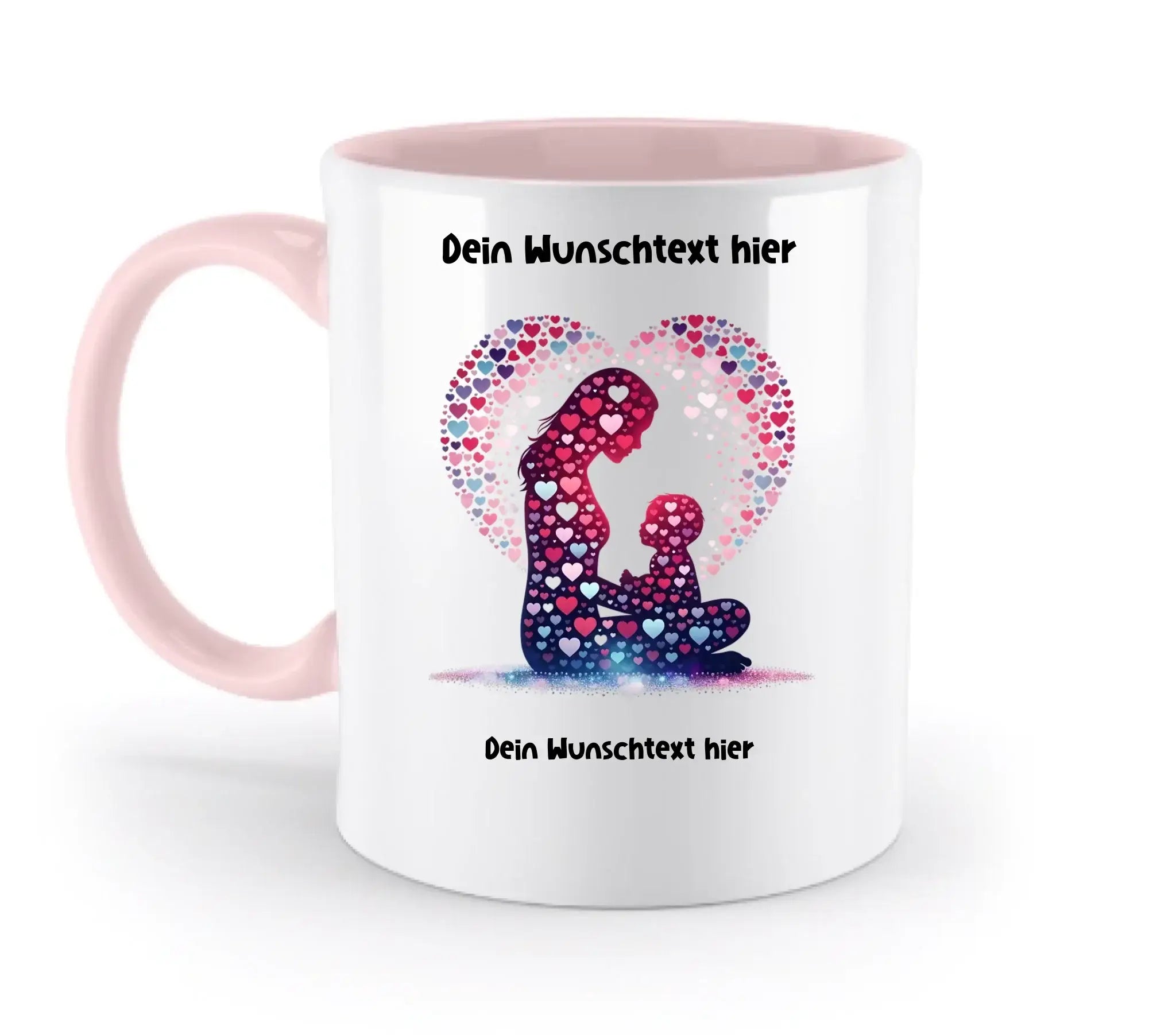 Weiße keramiktasse mit pinkem griff und innenfarbe mit farbenfrohem mutter und kind herzensmotiv, spülmaschinenfest