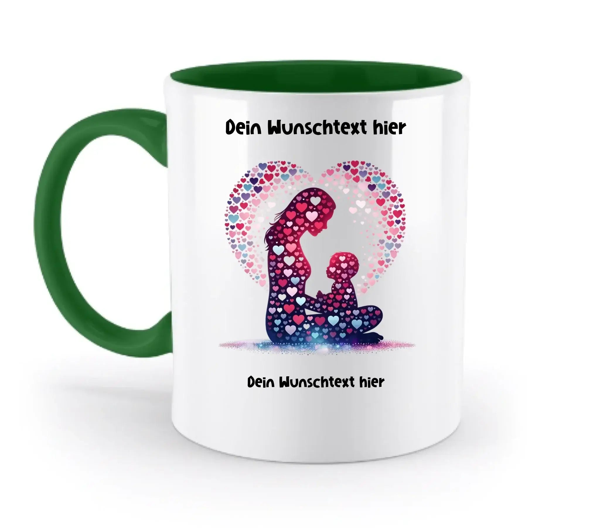 Weiße keramik tasse mit grünem griff und buntem herz-mutter-kind motiv spülmaschinenfest und personalisierbar