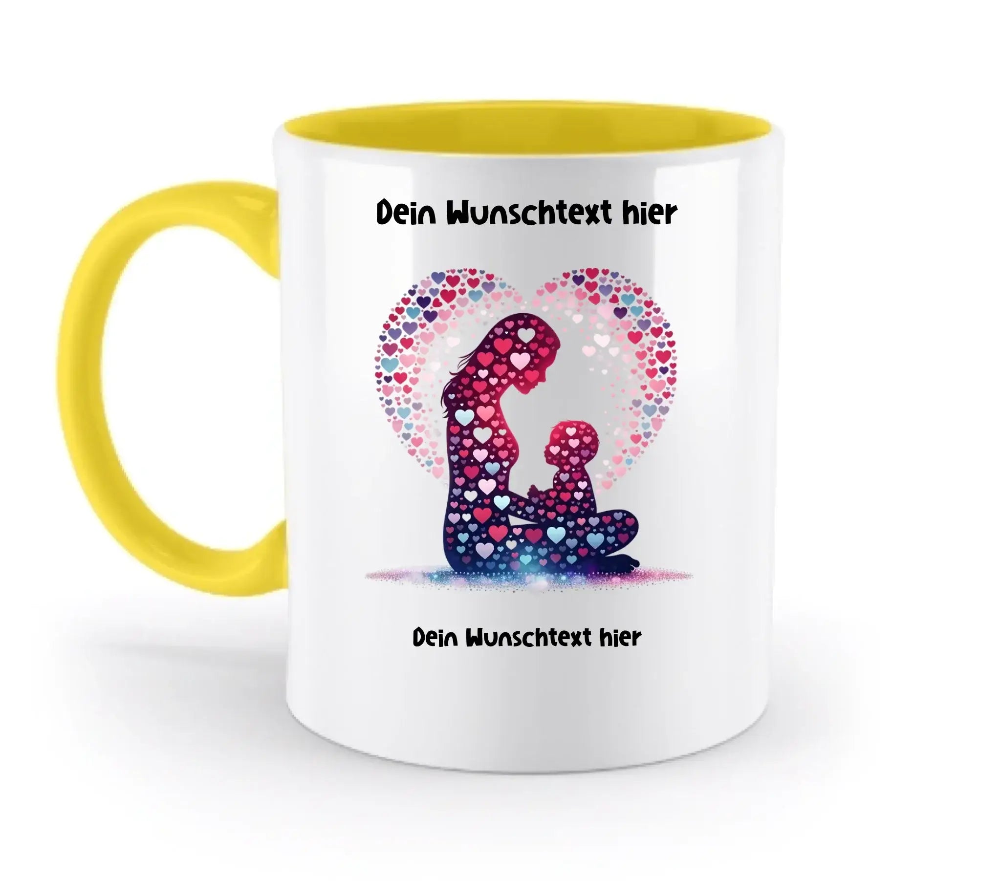 Weiße keramiktasse mit gelbem griff und innenseite, buntes herz-motiv mama und kind, spülmaschinenfest