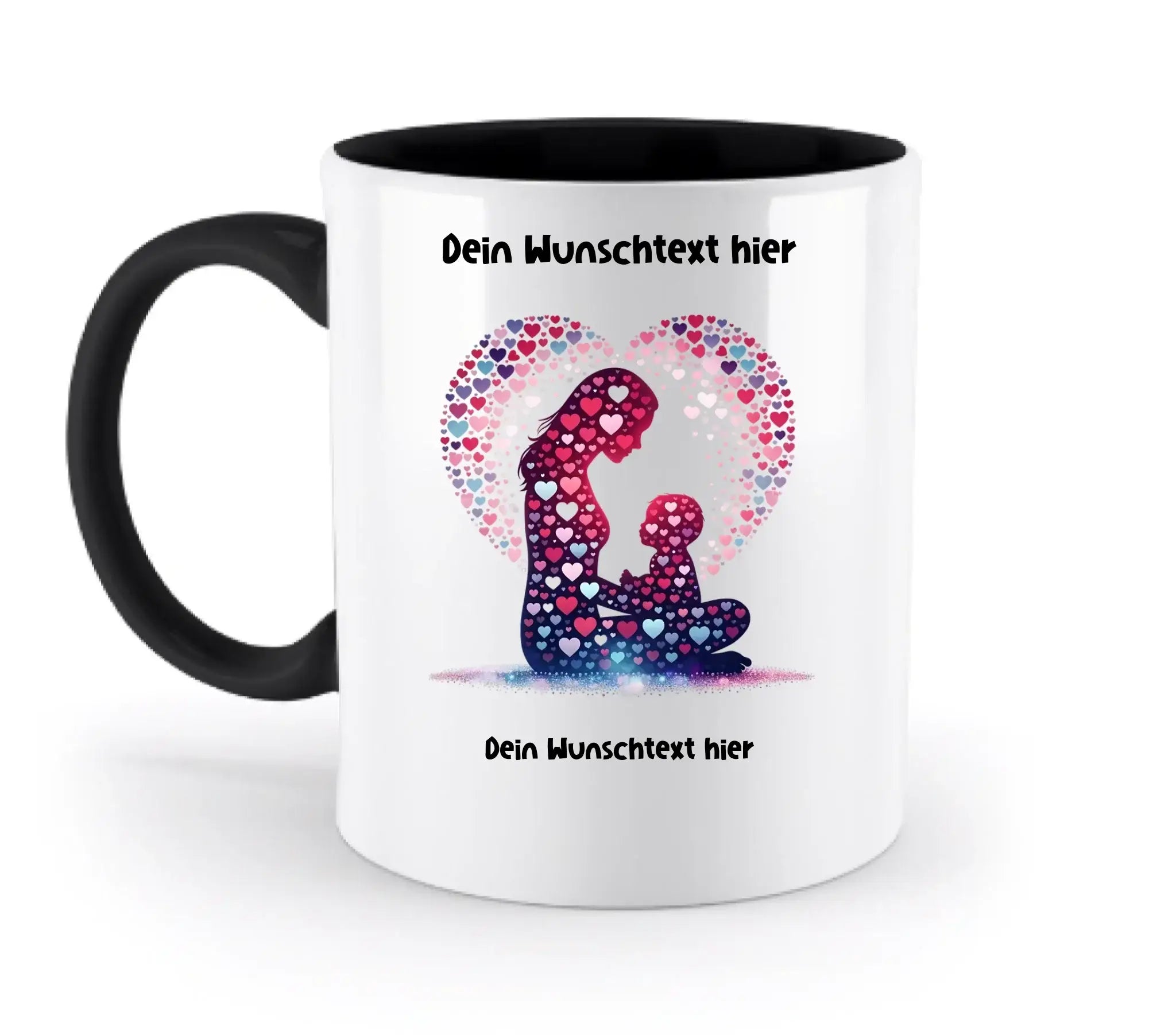 Weiße keramiktasse mit schwarzem griff und innenraum, buntes herz-motiv mit mutter und kind, spülmaschinenfest und personalisierbar