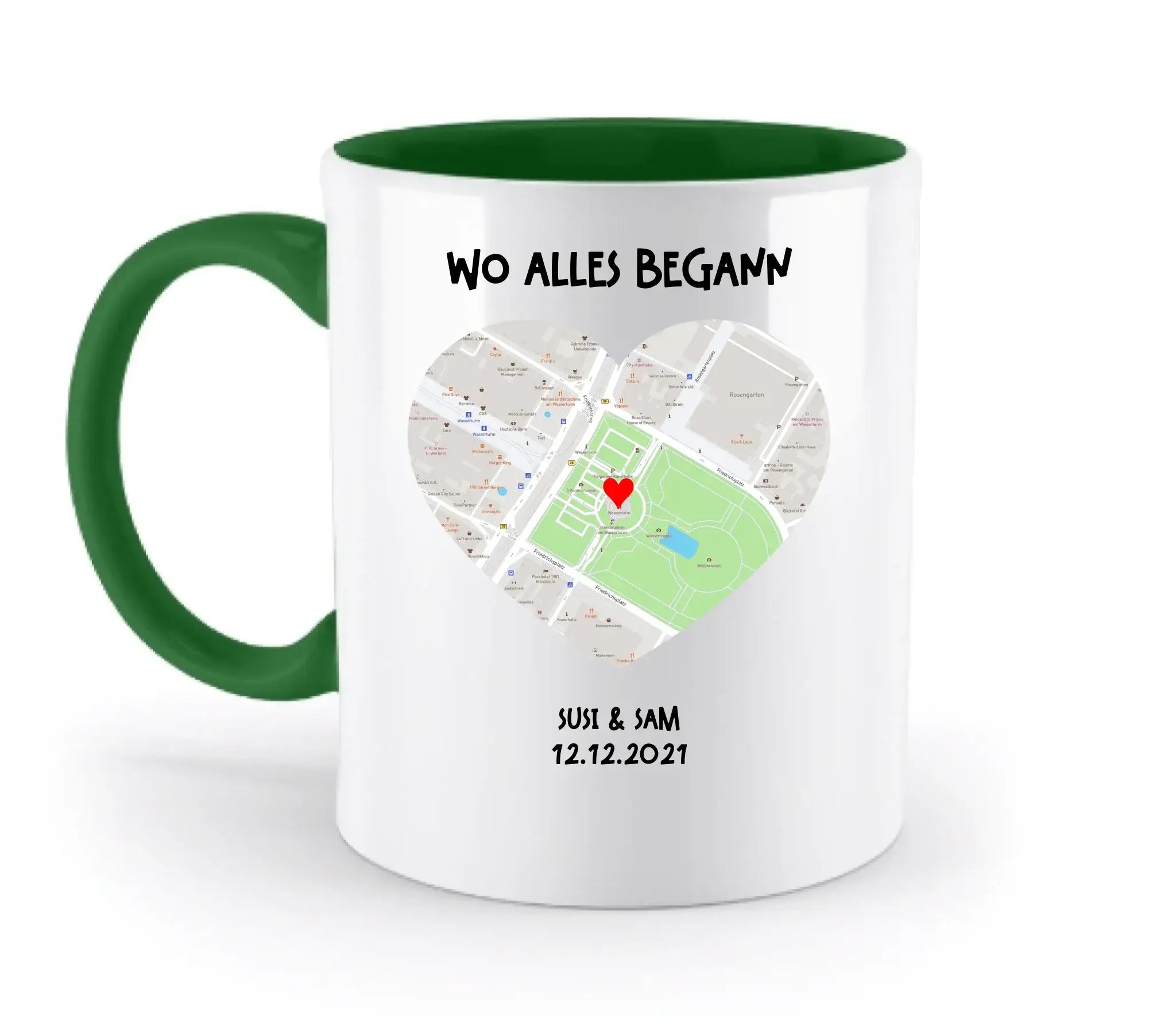 Weiße keramiktasse mit grünem griff und innerem, herzförmige straßenkarte, spülmaschinenfest und personalisierbar