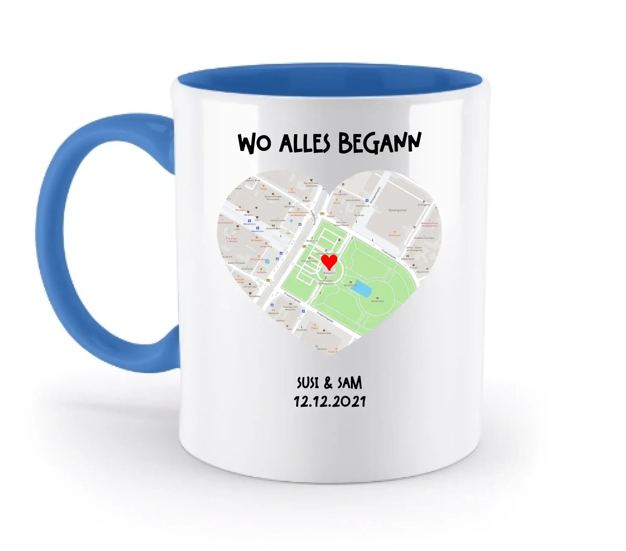 Weiße keramiktasse mit blauem inneren und griff, herzförmige straßenkarte, spülmaschinenfest und personalisierbar