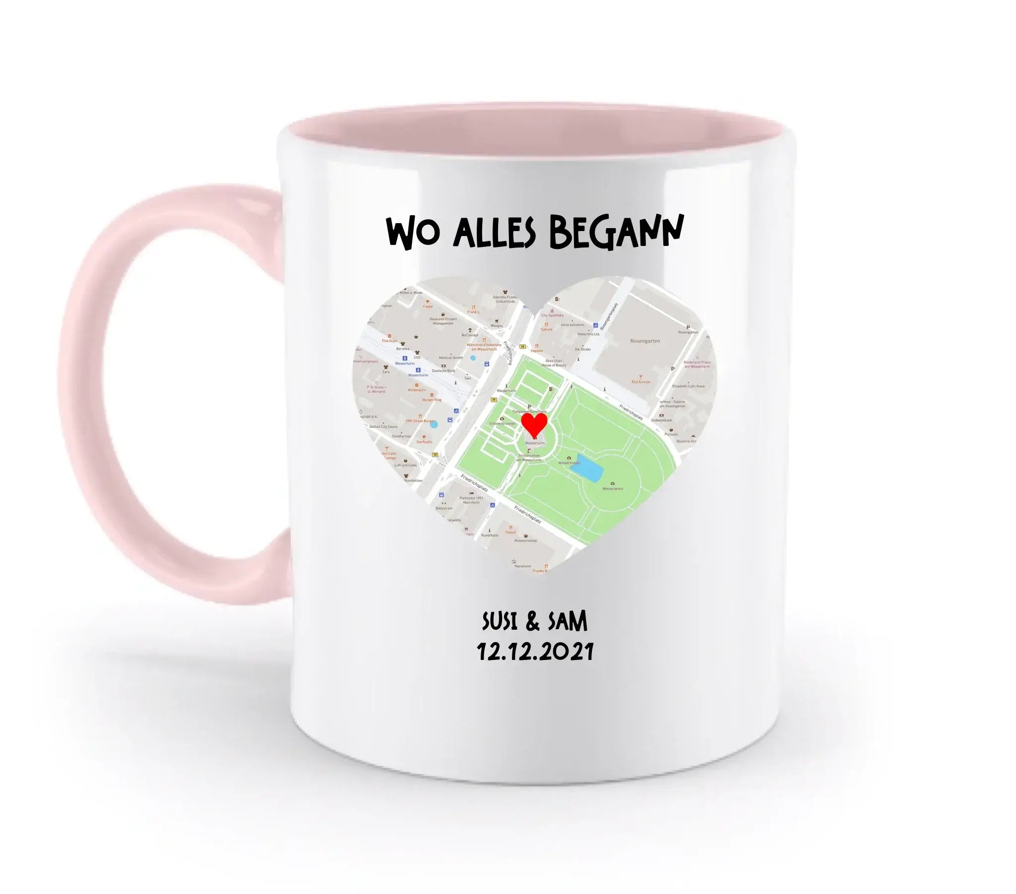 Weiße keramiktasse mit rosa griff und innenfarbe, herzförmige straßenkarte, spülmaschinenfest und personalisierbar