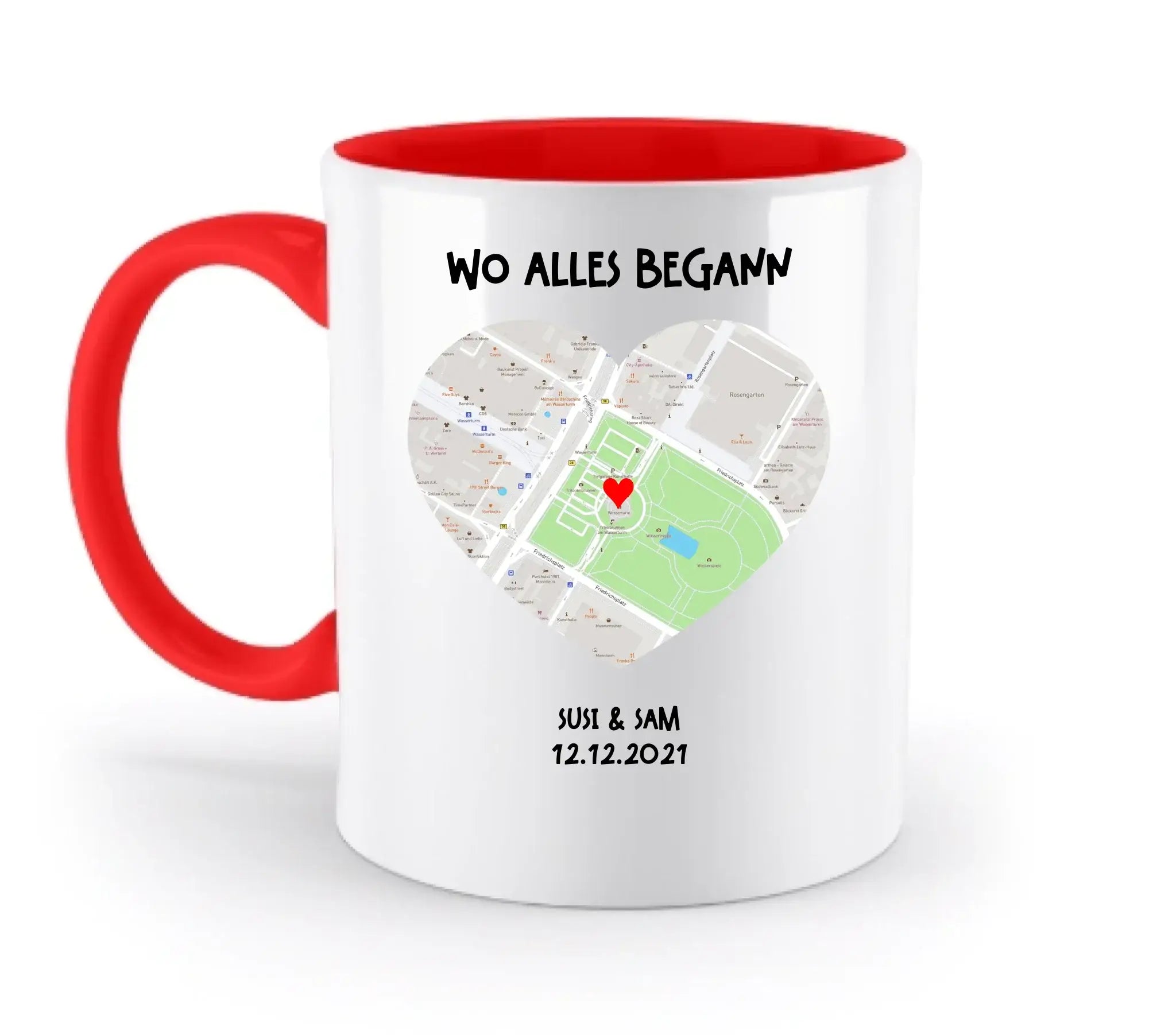 Weiße keramik tasse mit rotem griff und innen, herz förmiges straßenkarten design, spülmaschinenfest und personalisierbar
