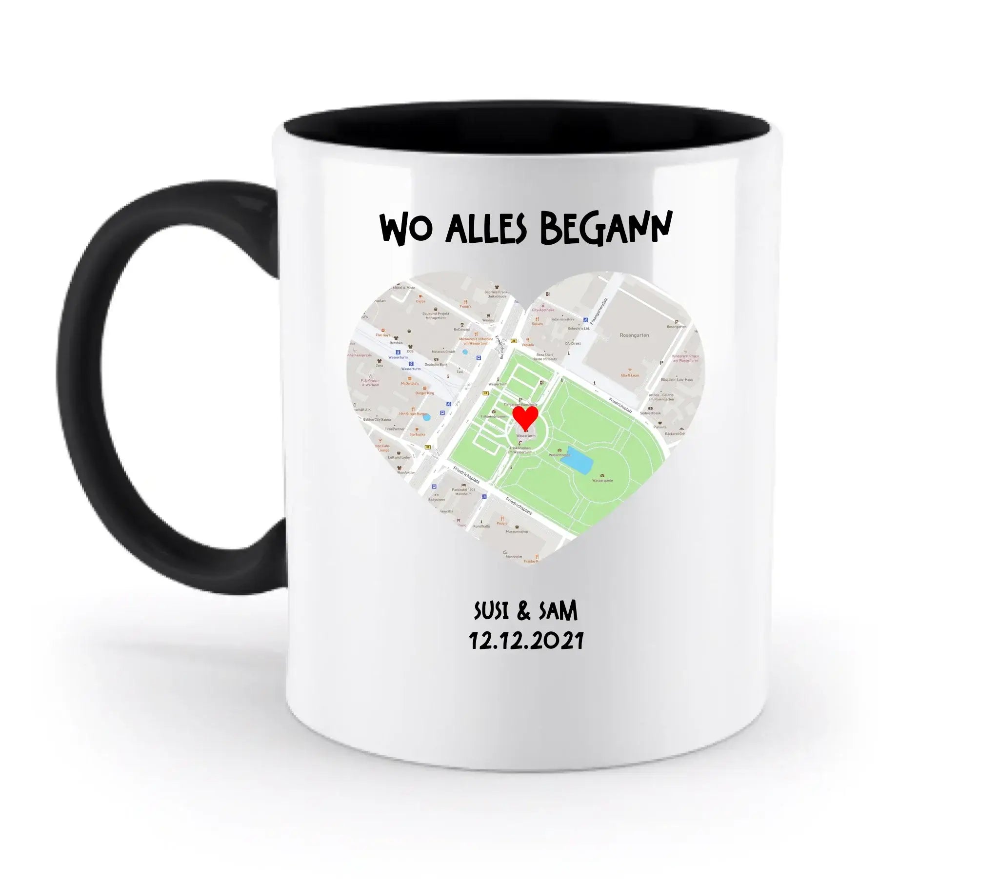 Weiße keramiktasse mit schwarzem griff und innerem mit herzförmiger straßenkarte personalisierbar und spülmaschinenfest