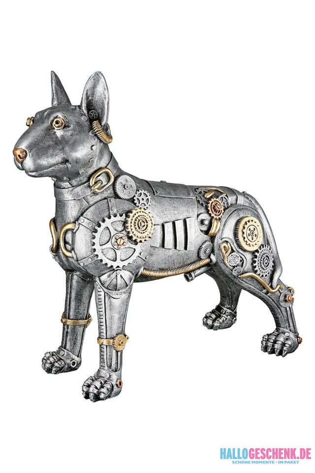 teampunk: Figur „Pitbull“ • Kunstharz • silberfarben mit goldfarbenen Akzenten • 29×13,5×31 cm • Gilde - Steampunk