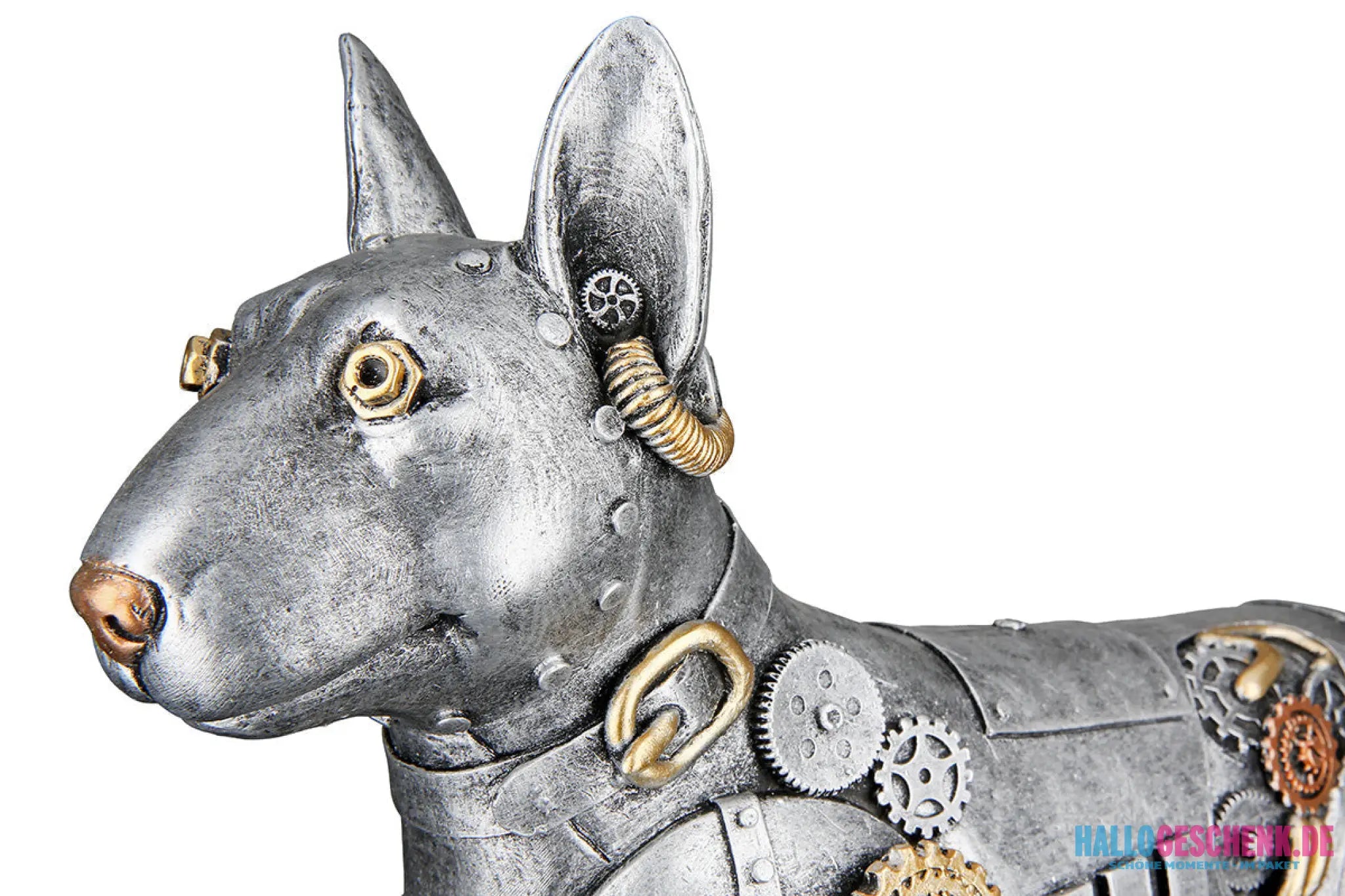 teampunk: Figur „Pitbull“ • Kunstharz • silberfarben mit goldfarbenen Akzenten • 29×13,5×31 cm • Gilde - Steampunk