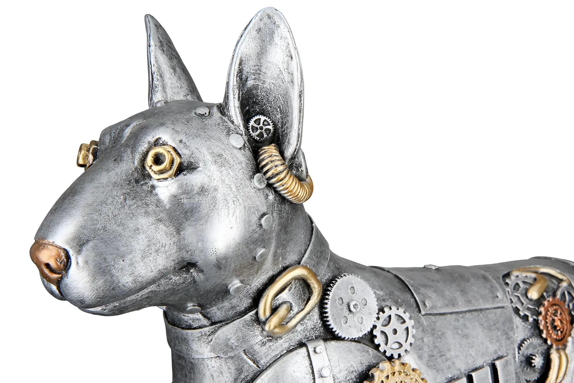 Steampunk hund figur pitbull aus kunstharz mit silberfarbenen und goldfarbenen elementen und kupfernase