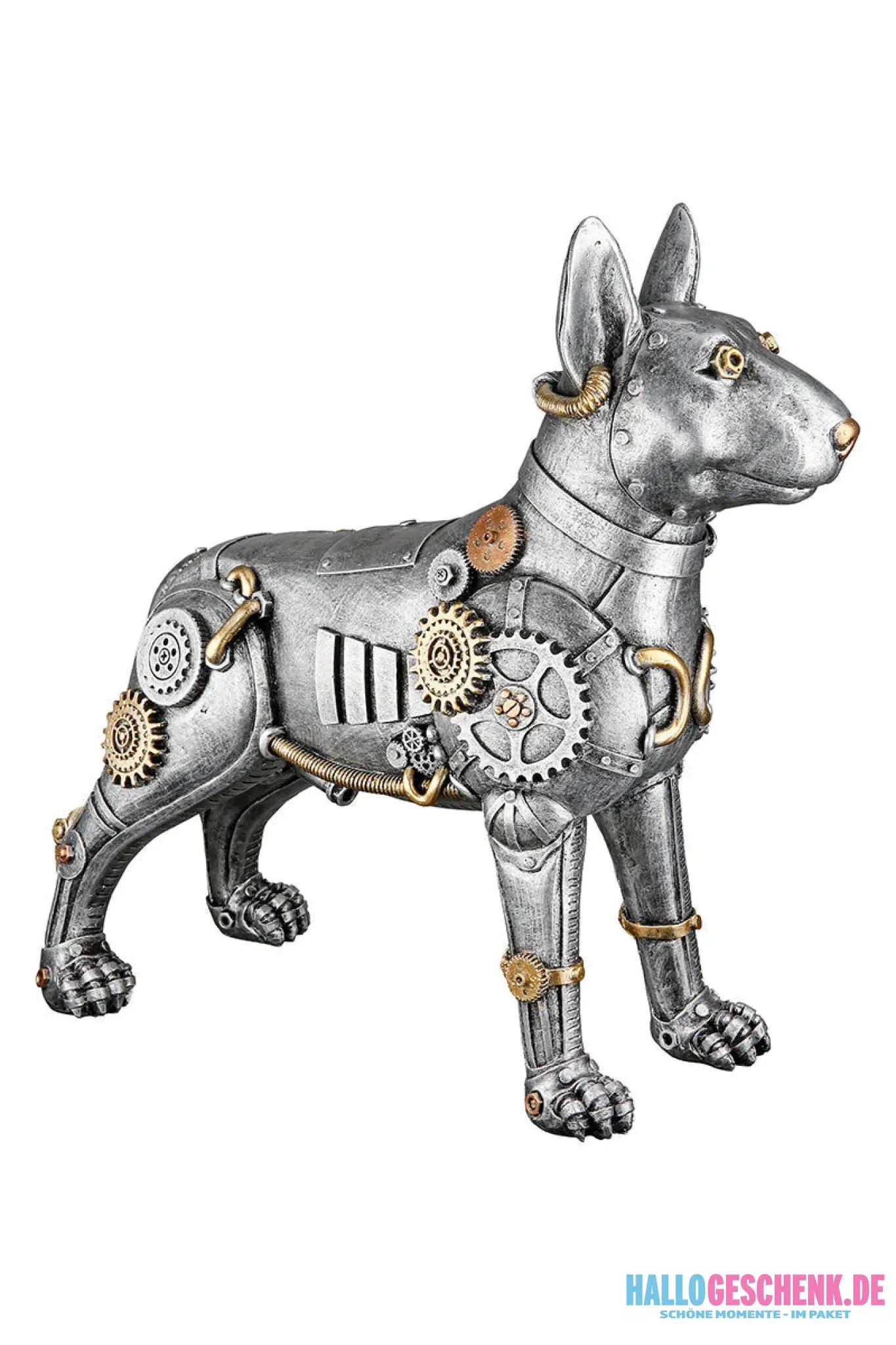 teampunk: Figur „Pitbull“ • Kunstharz • silberfarben mit goldfarbenen Akzenten • 29×13,5×31 cm • Gilde - Steampunk