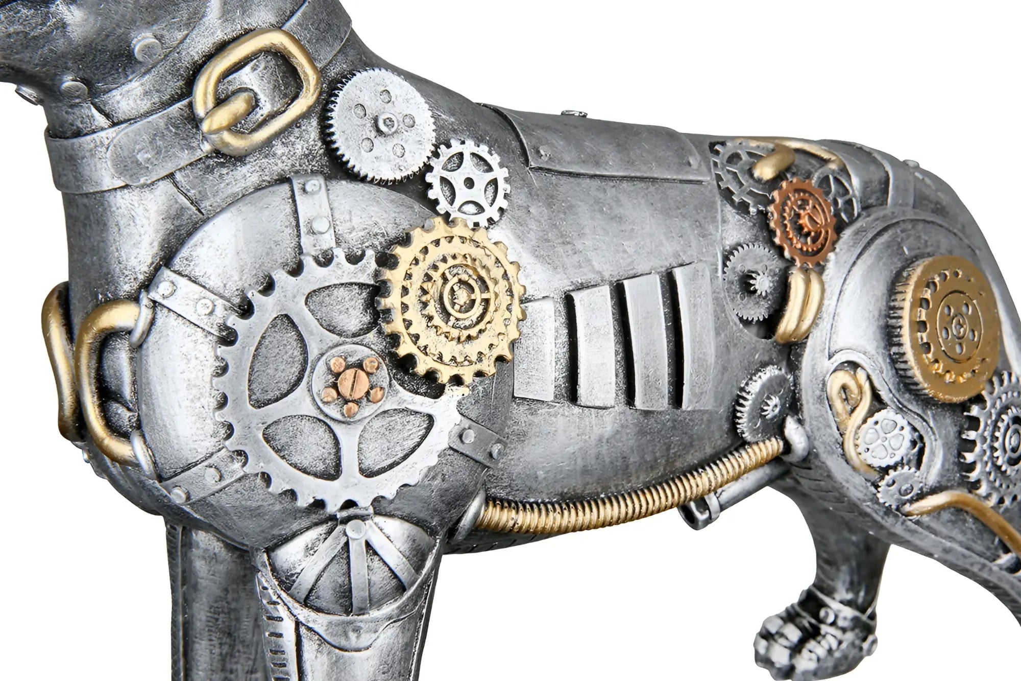 Steampunk figur pitbull aus kunstharz silberfarben mit goldfarbenen akzenten und metallischen zahnrädern