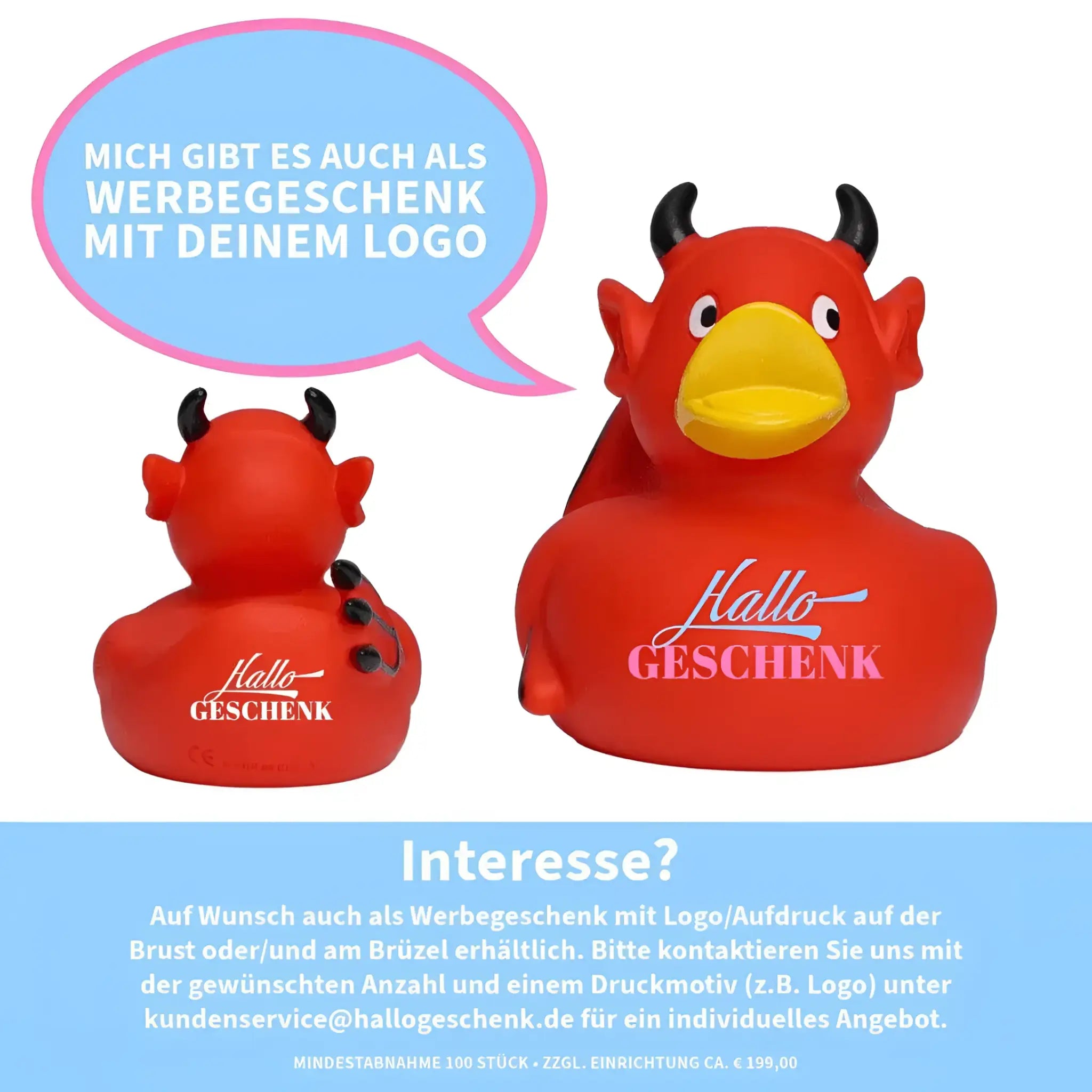 Rote teufel quietsche-ente aus gummi mit schwarzen hörnern und gelbem schnabel mit dem text hallo geschenk
