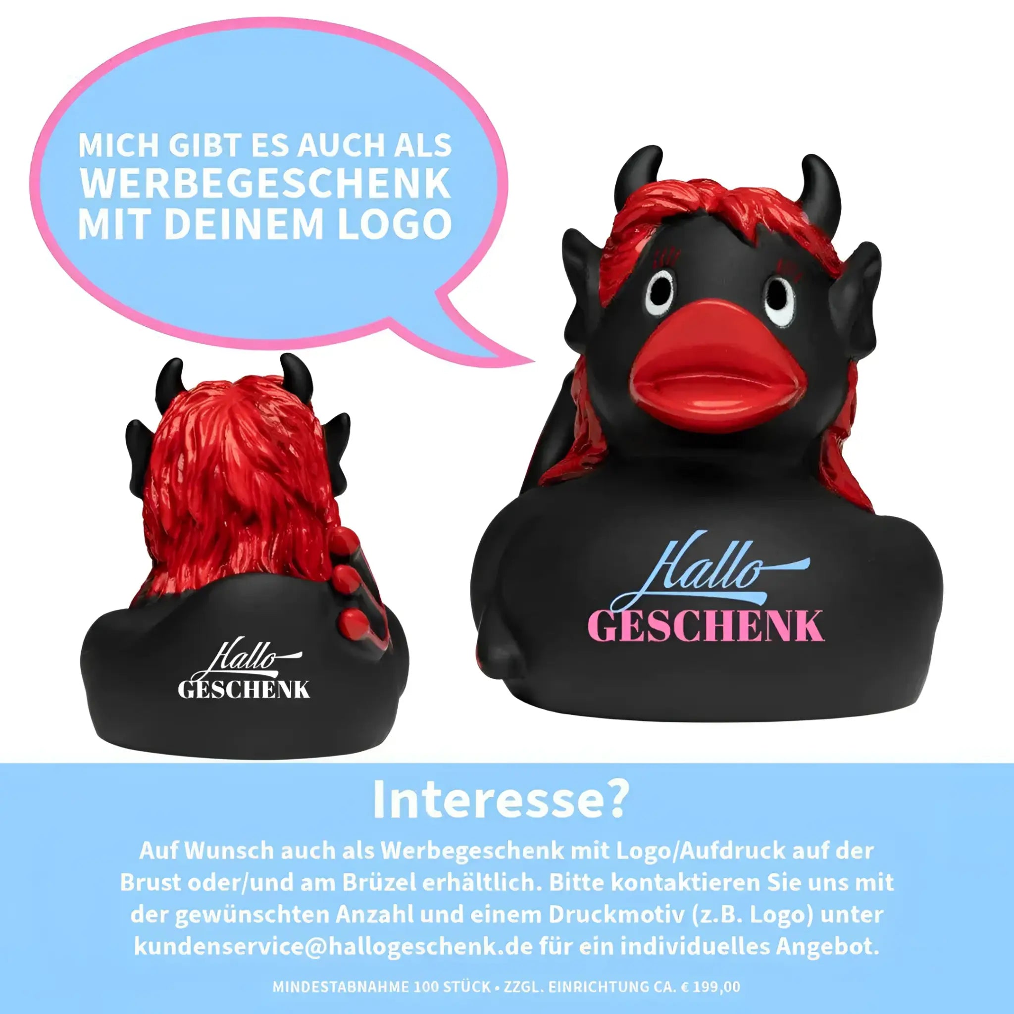 Schwarze gummi teufelin quietsche-ente mit roten hörnern und rotem schnabel mit hallo geschenk aufdruck