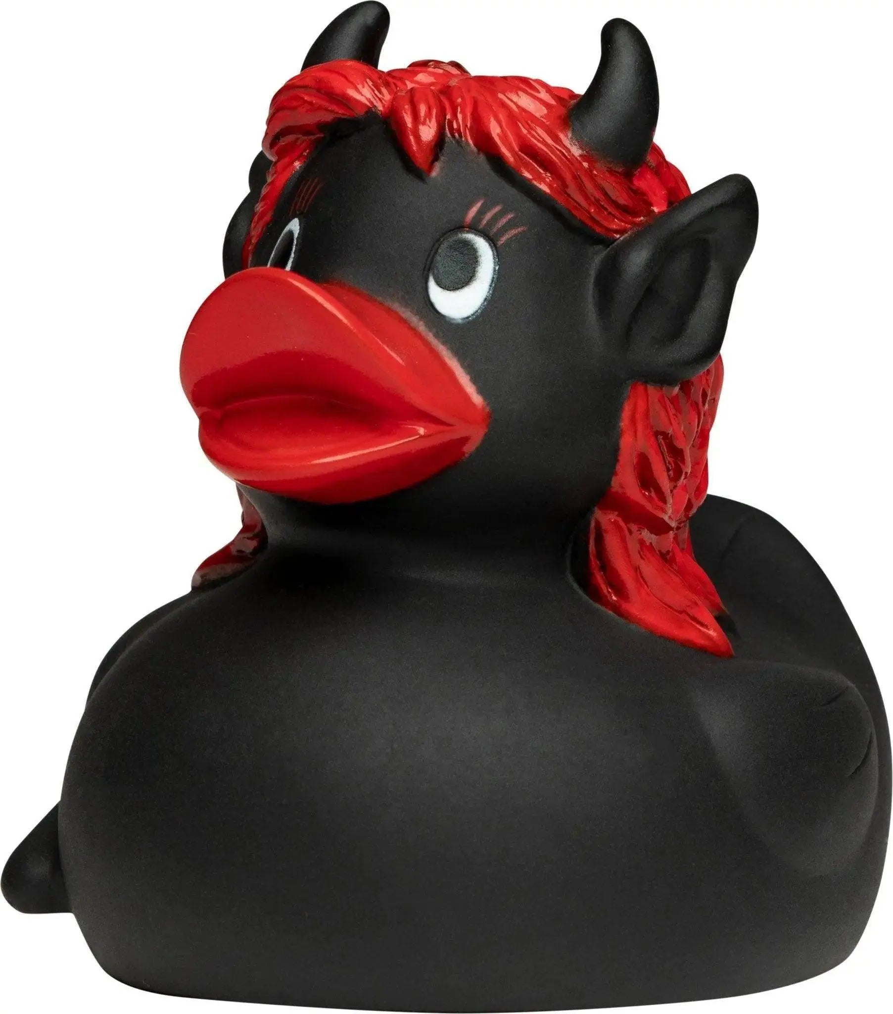 Teufelin quietsche-ente schwarze gummiente mit roten teufelshörnern und rotem strähnen-mähnen-finish