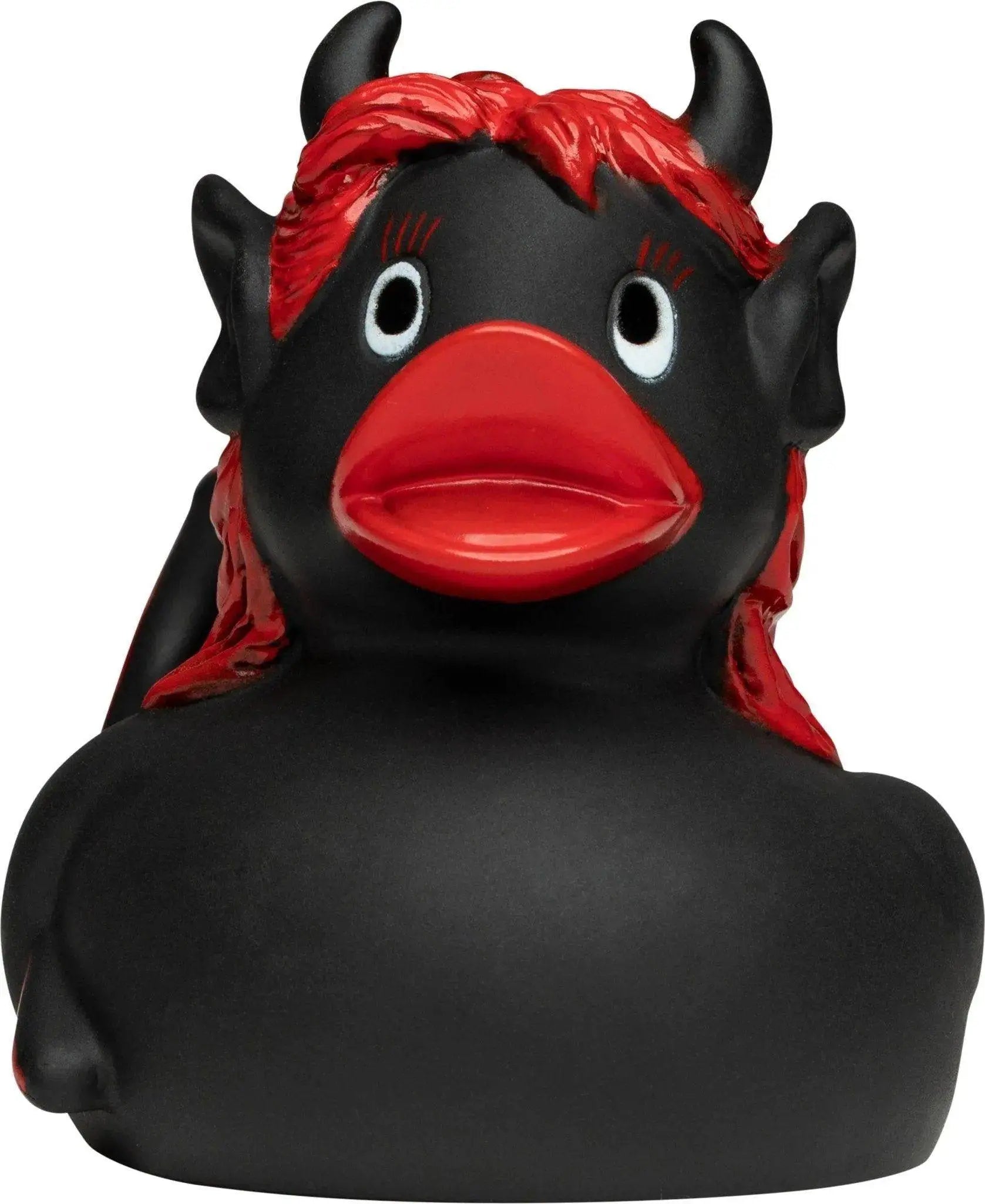 Schwarze teufelin badeente aus gummi mit roten teufelshörnern und glänzender oberfläche