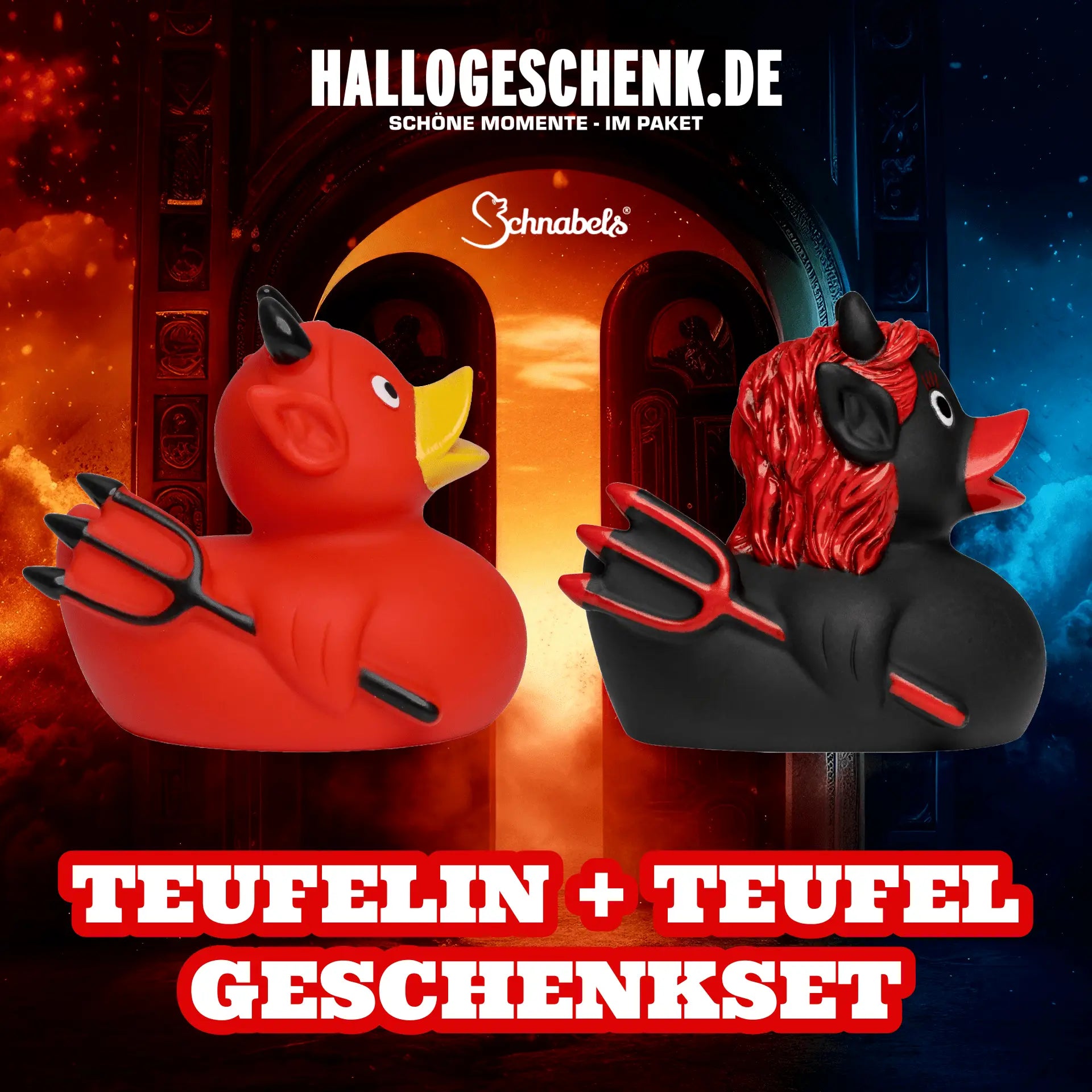 Teufelin und teufel badeente geschenkset mit rot schwarzen gummienten und kontrastierenden dreizacken