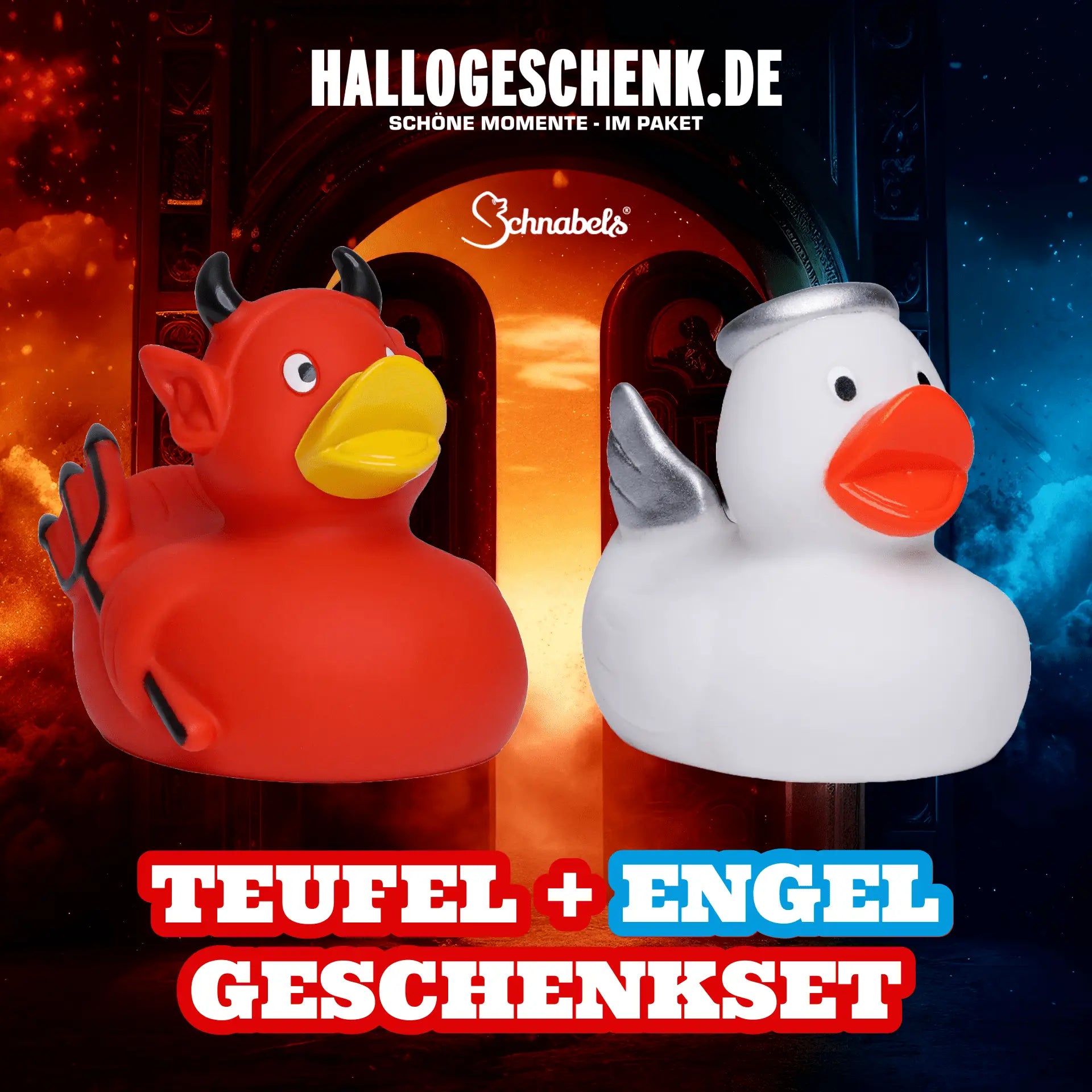 Roter und weißer badeenten geschenkset teufelin mit höckern und teufel oder engel mit flügeln aus gummi