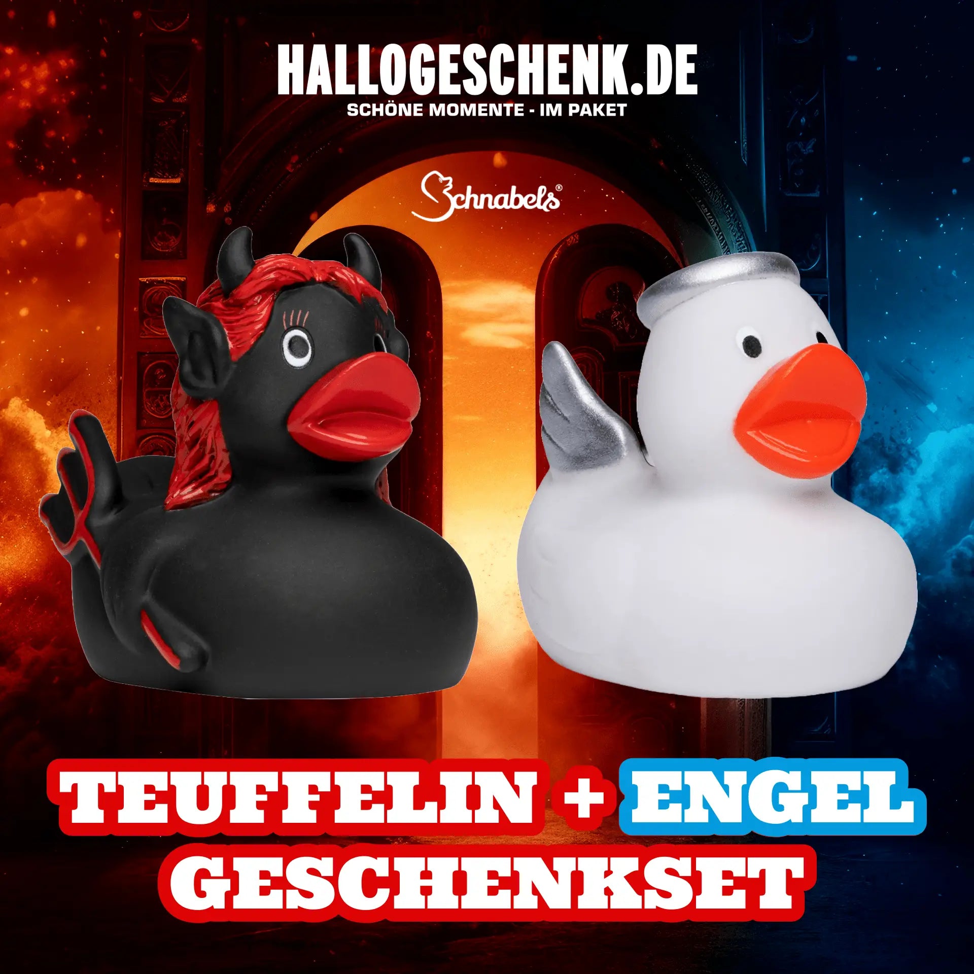 Schwarze gummiente mit roten teufelshörnern und silbernen engelsflügeln auf weißer badeente geschenkset teufelin und teufel