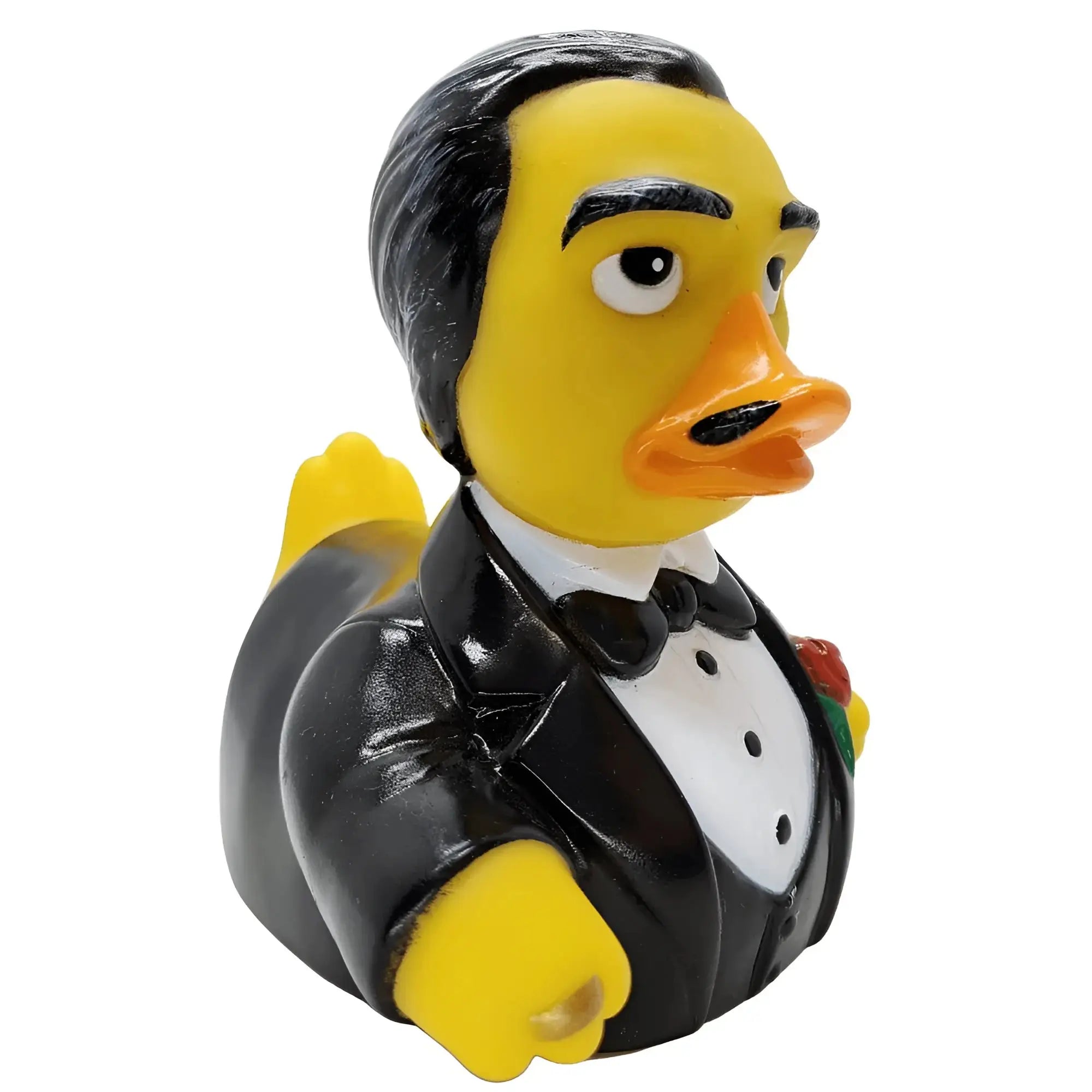 Gelbe gummiente als herr im smoking mit schwarzen haaren und schnurrbart von celebri ducks namens godfeather
